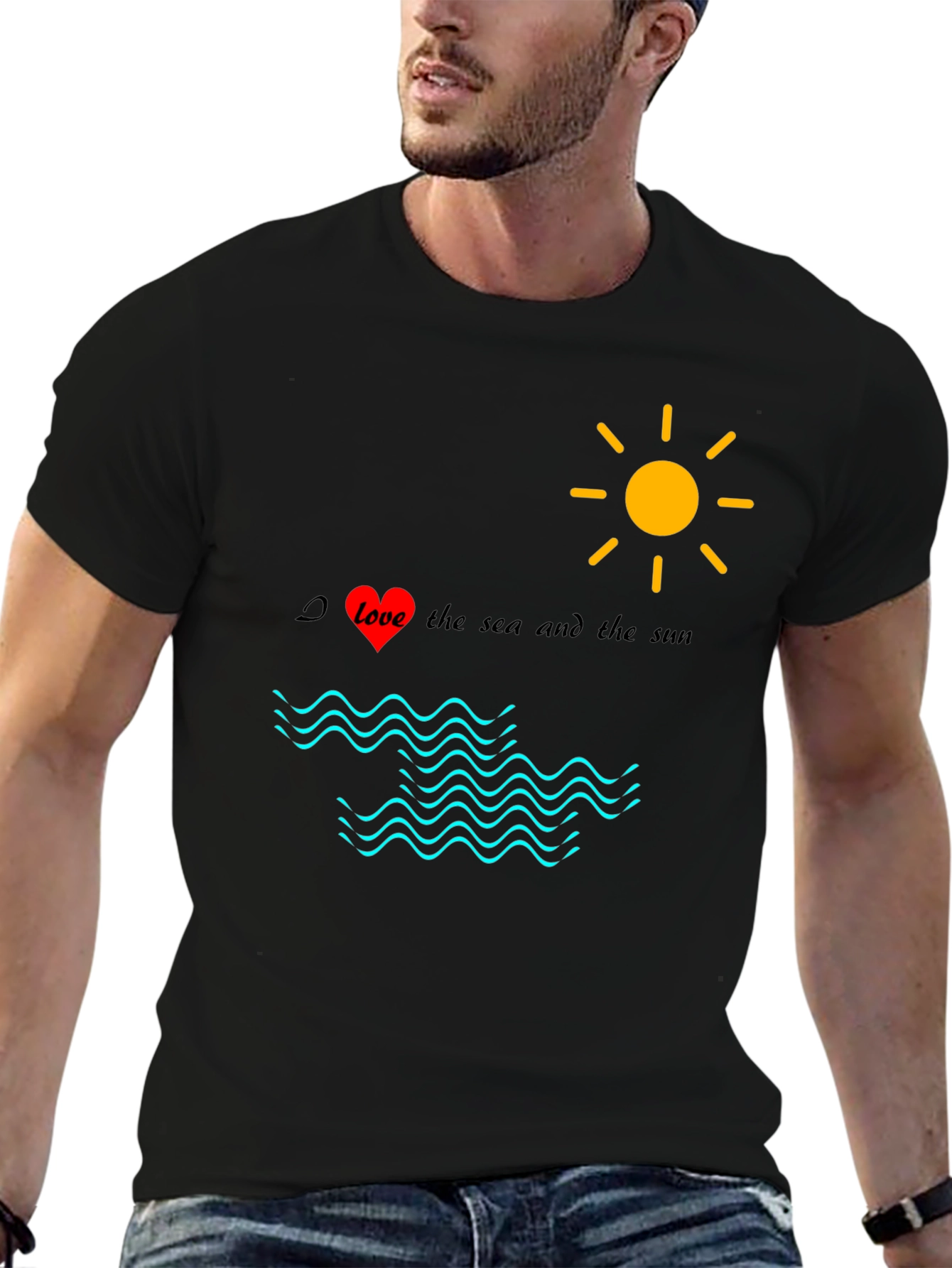 Black Love Sea Sun Graphic Tee, Black Cotton Shirt view 6