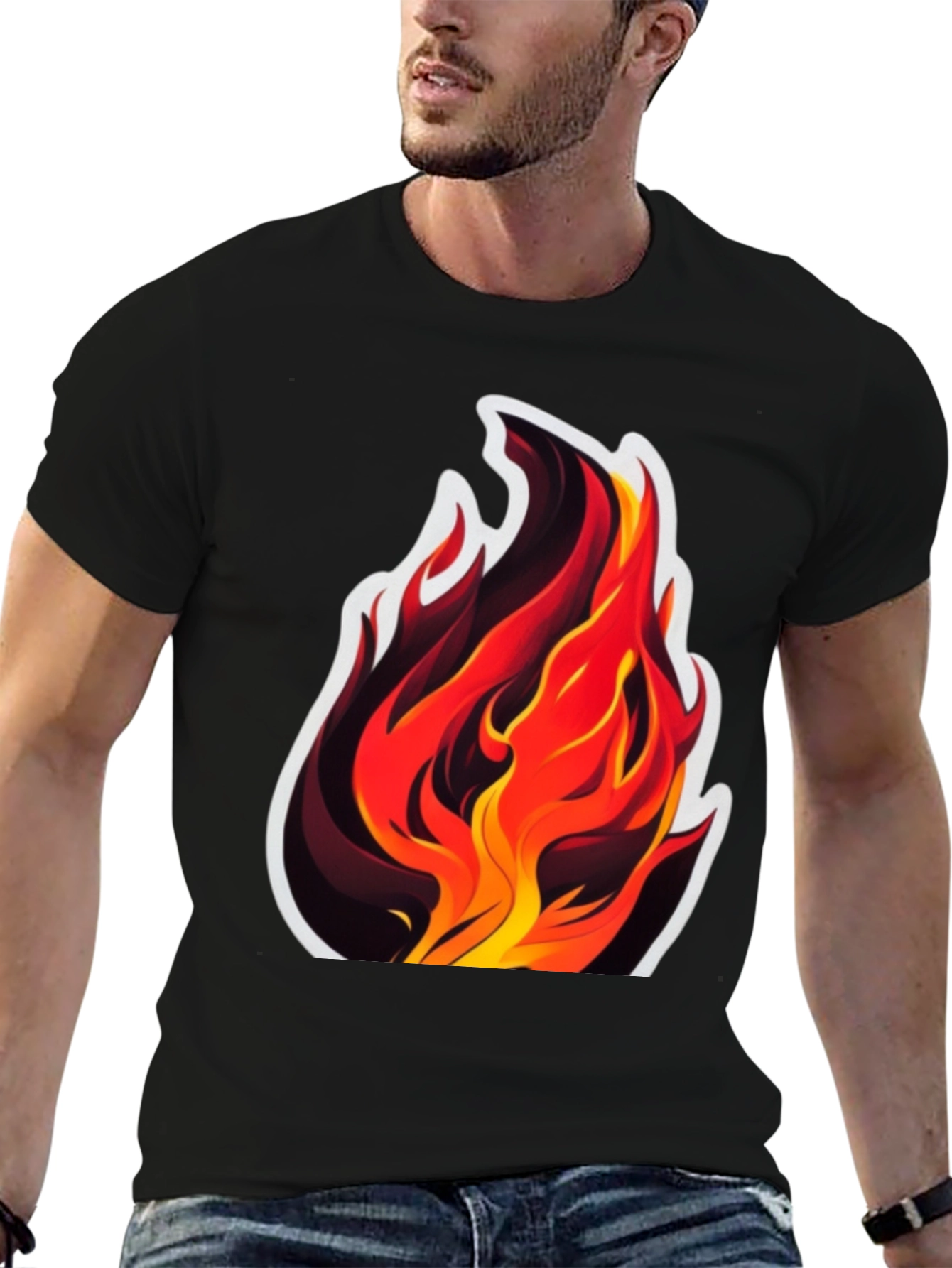 Black Fiery Flames Graphic Tee - Bold Black Cotton T-Shirt view 6