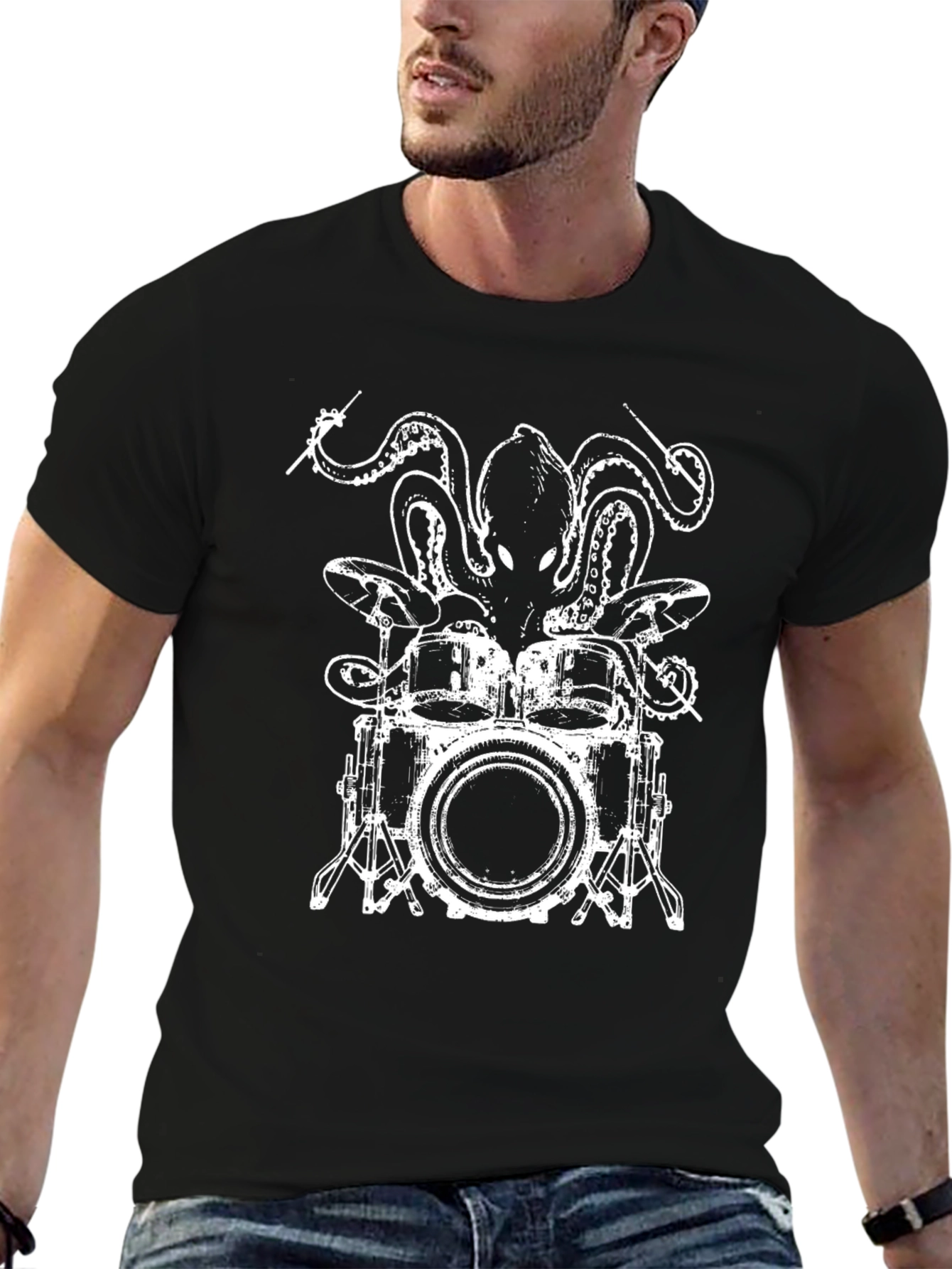 Black Octopus Drummer Black T-Shirt - Unique Graphic Tee view 6