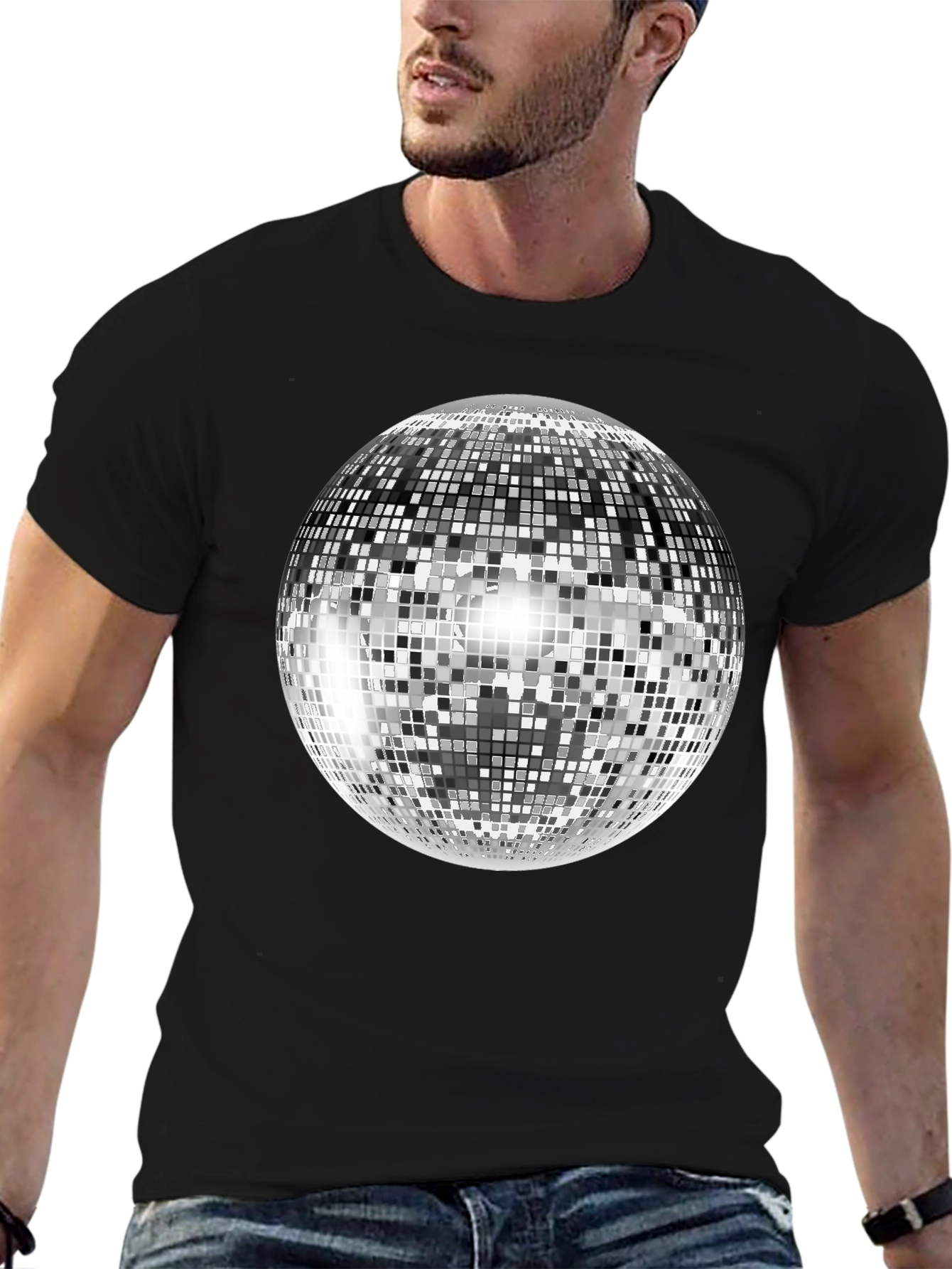 Black Retro Disco Ball Graphic Tee - Black Cotton Blend view 6