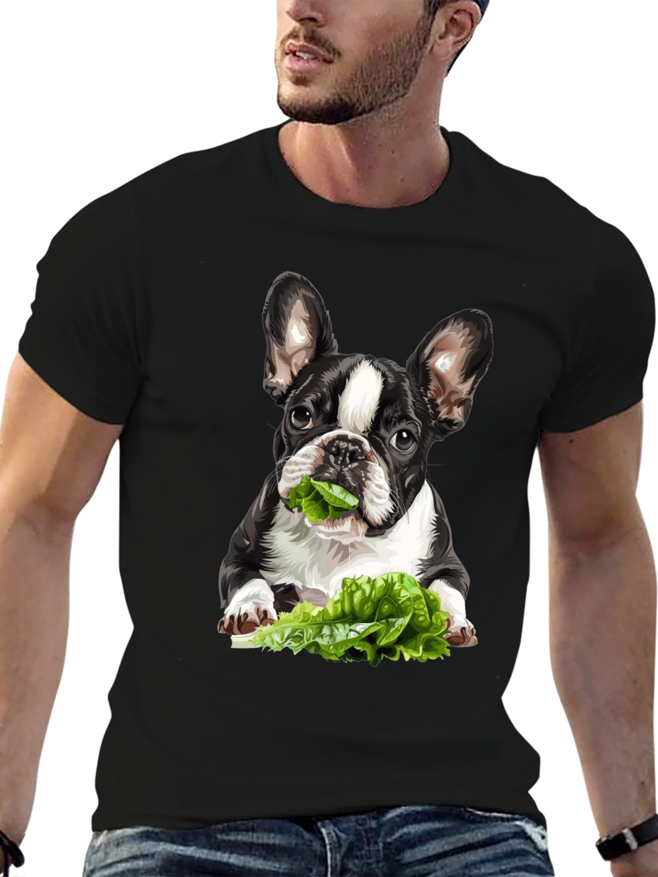 Black Dog Eating Lettuce Graphic Tee - Casual Cotton T-Shirt view 6