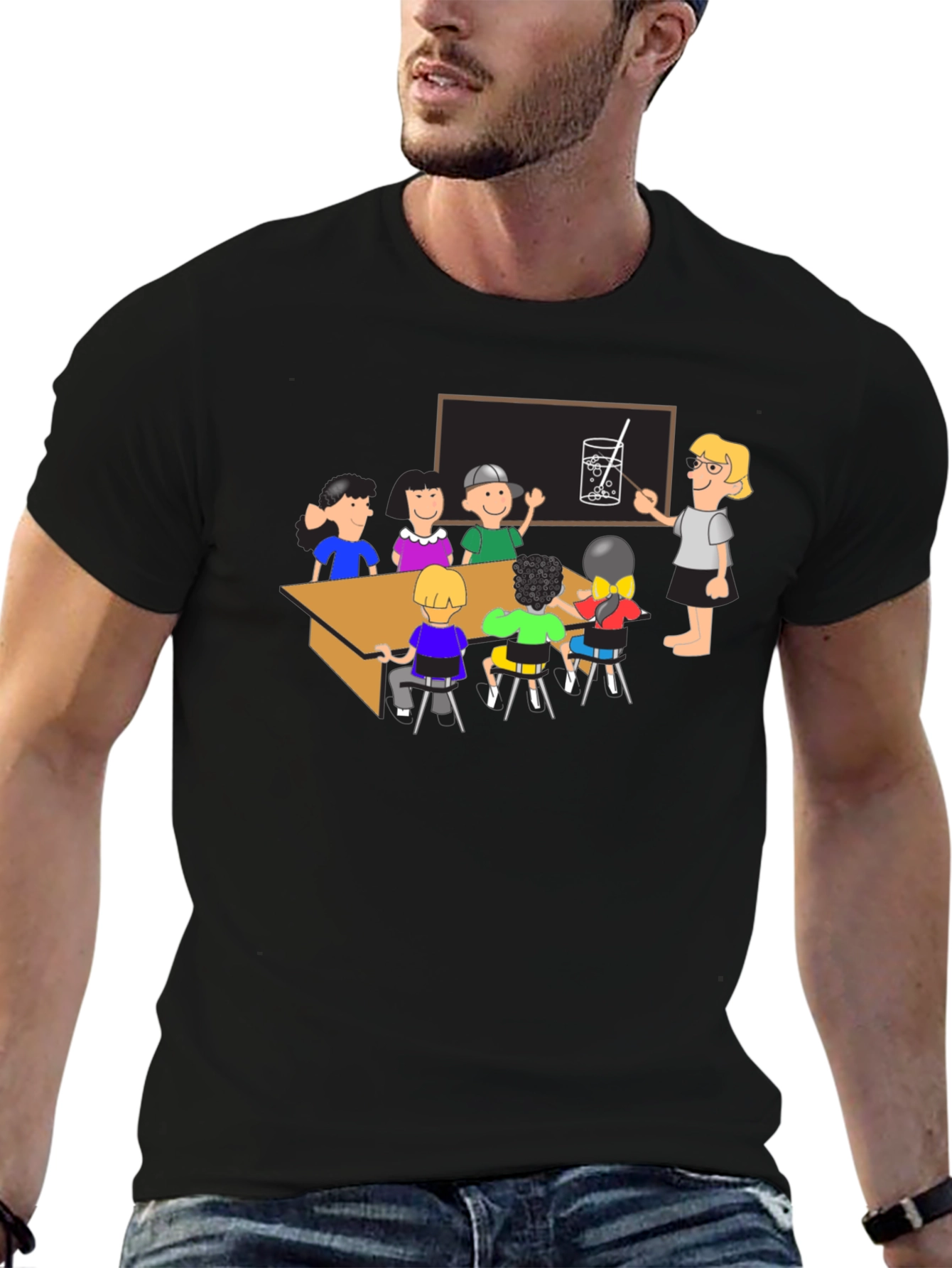 Black Cartoon School Kids Print Black T-Shirt view 6