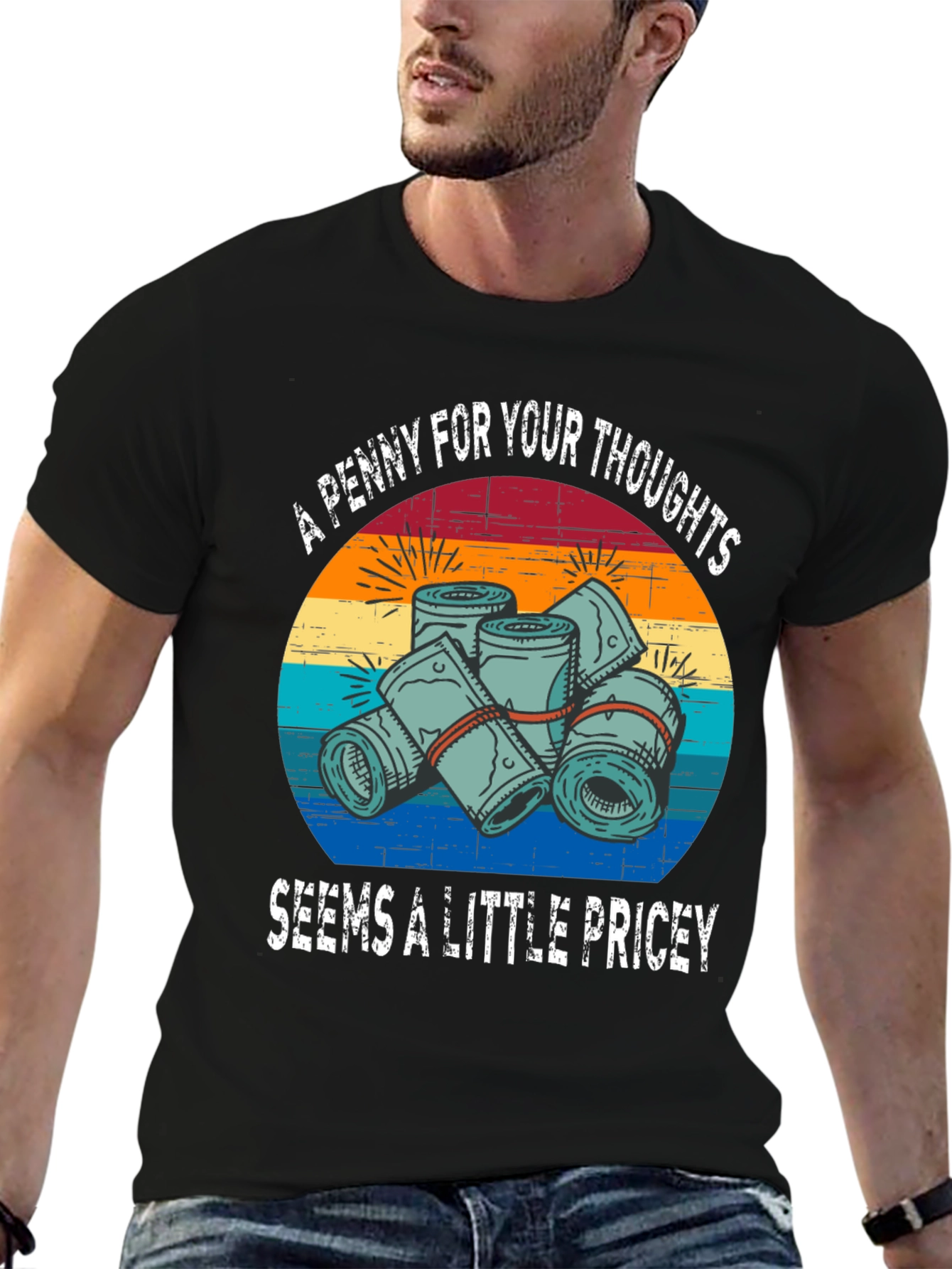 Black A Penny For Your Thoughts Funny T-Shirt view 6