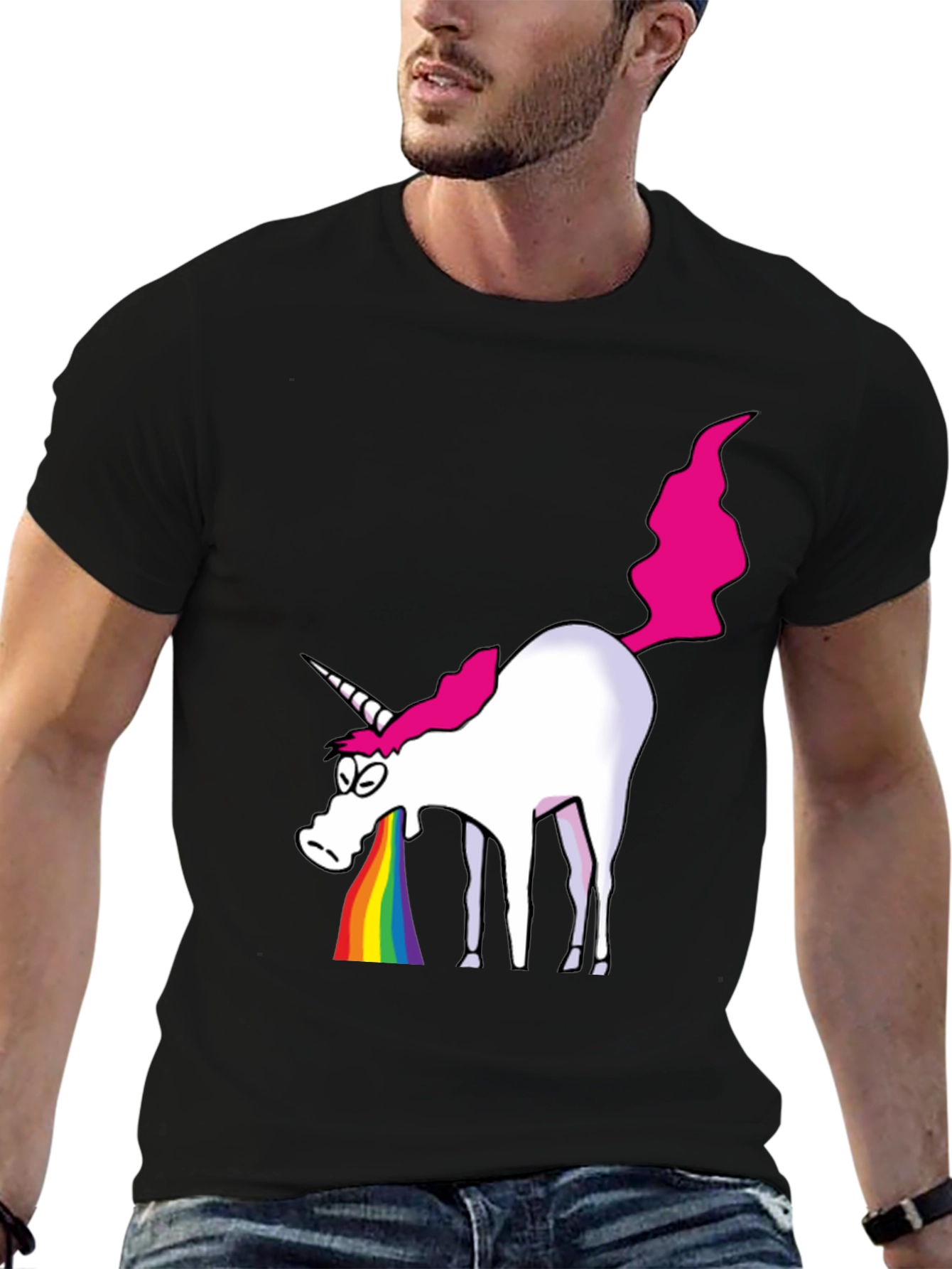 Black Unicorn Rainbow Vomit Graphic T-Shirt - Black Cotton Tee view 6