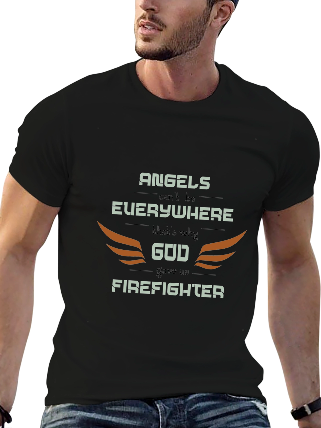 Black Firefighter Graphic Tee - Angel Wings Design, Everyday Wear view 6