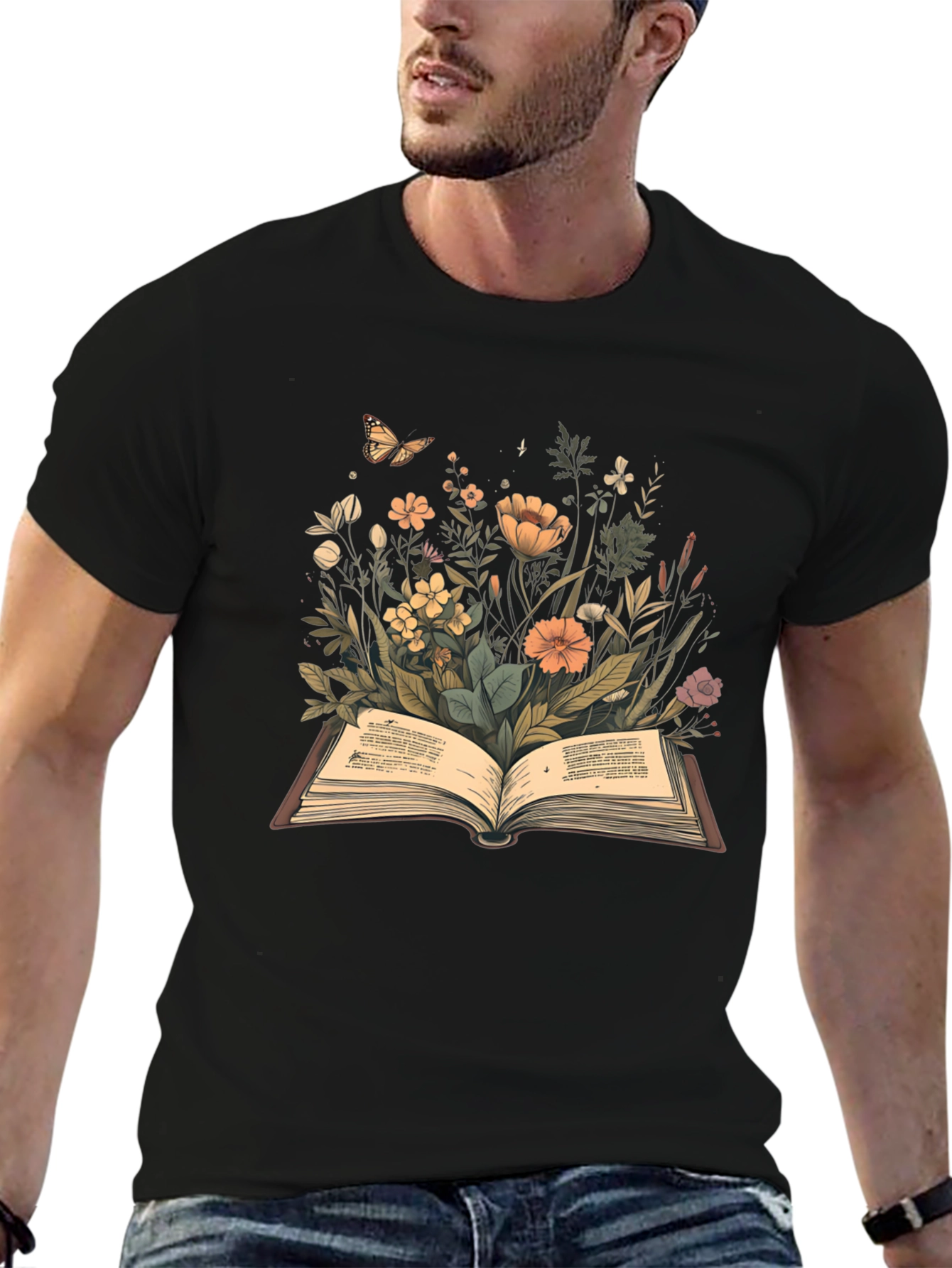 Black Floral Book T-Shirt - Nature Reader Tee view 6