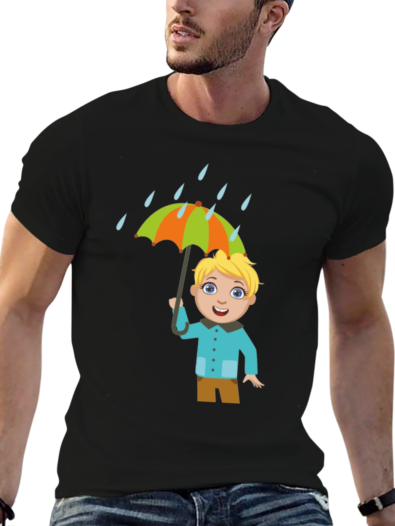 Black Cartoon Boy Umbrella Black T-Shirt view 6