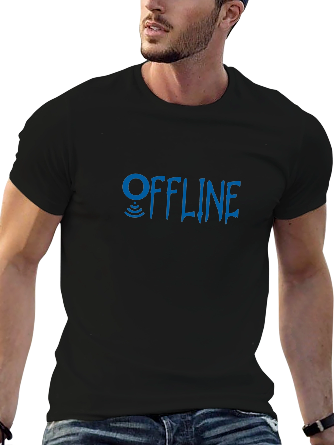 Black Offline Mode Graphic Tee - Black Cotton Casual T-Shirt view 6