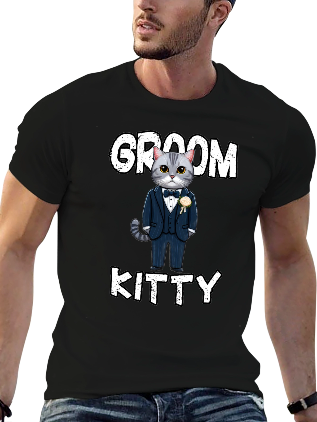 Black Groom Kitty T-Shirt - Cat Wedding Apparel view 6