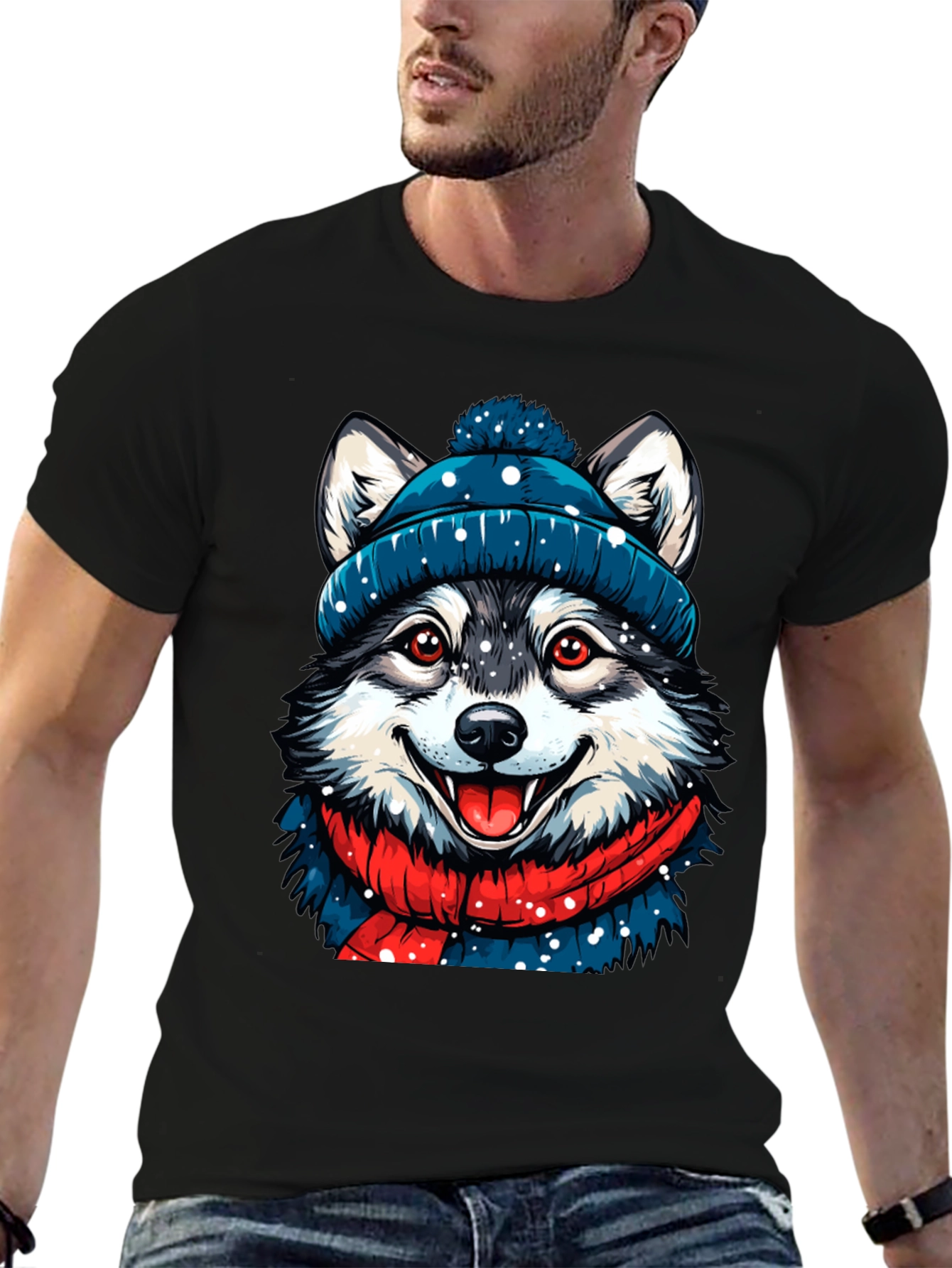 Black Festive Husky Graphic Tee - Winter Style view 6