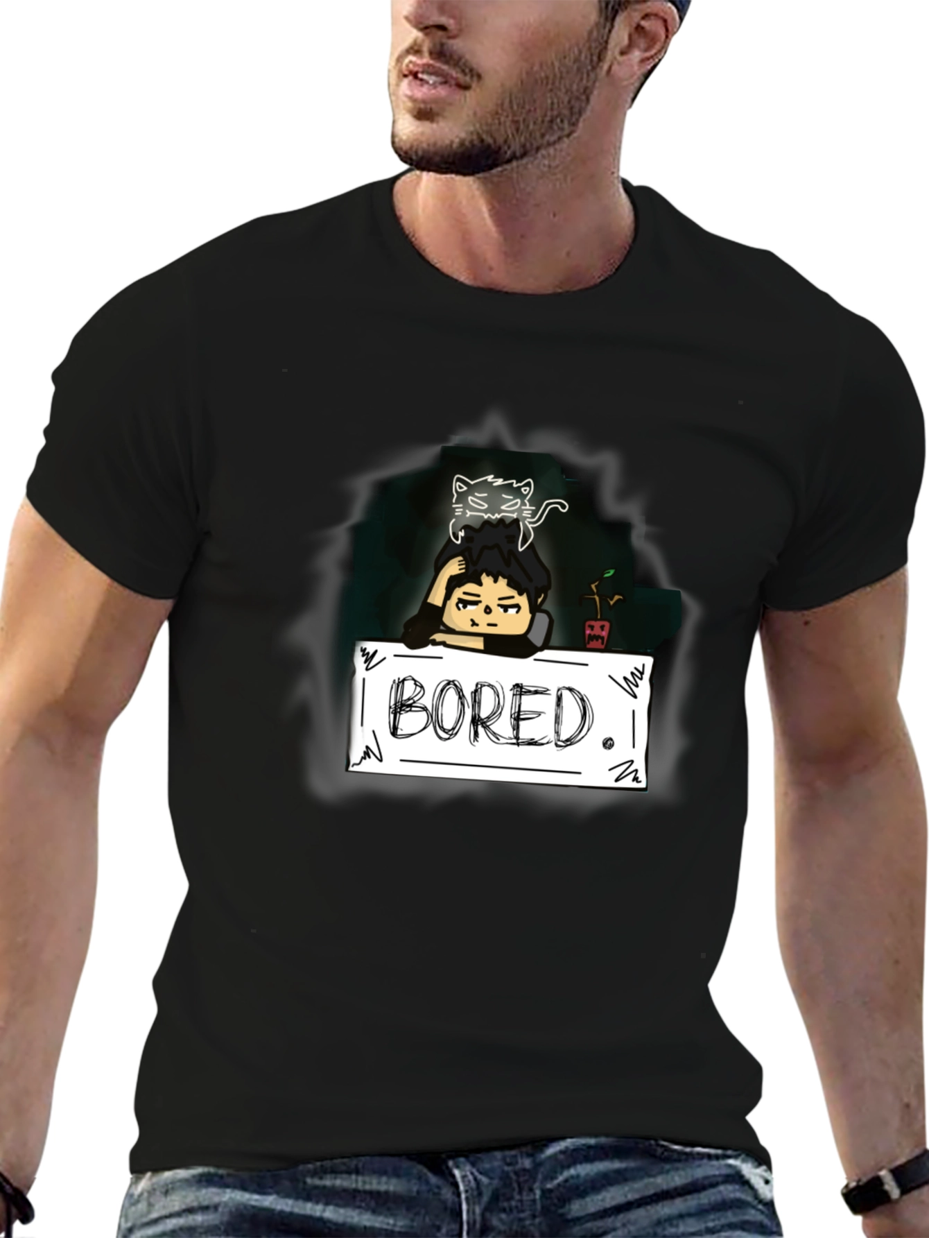 Black Bored Cat Graphic Tee - Black Cotton T-Shirt view 6