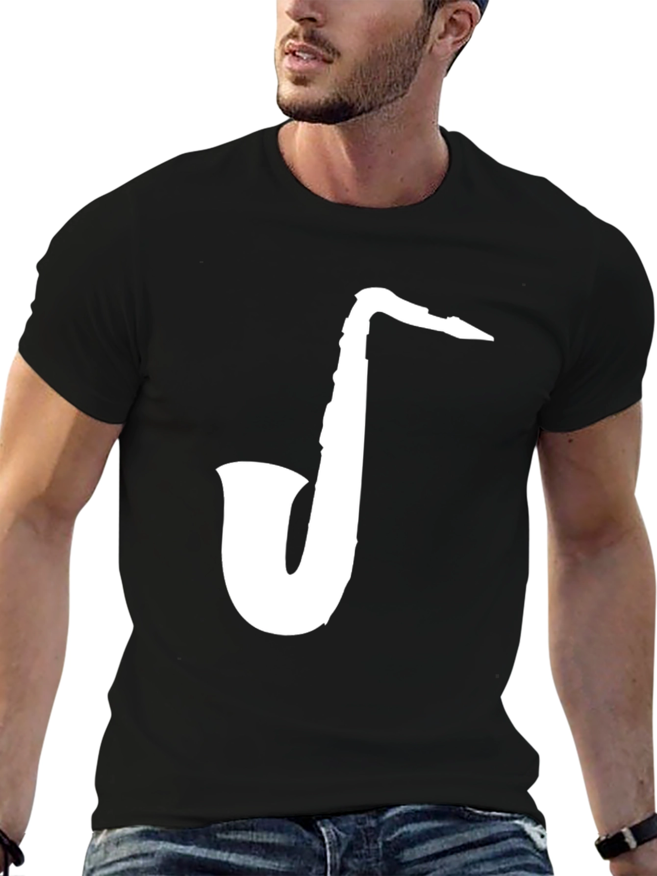 Black Saxophone Graphic Tee - Black Cotton T-Shirt view 6