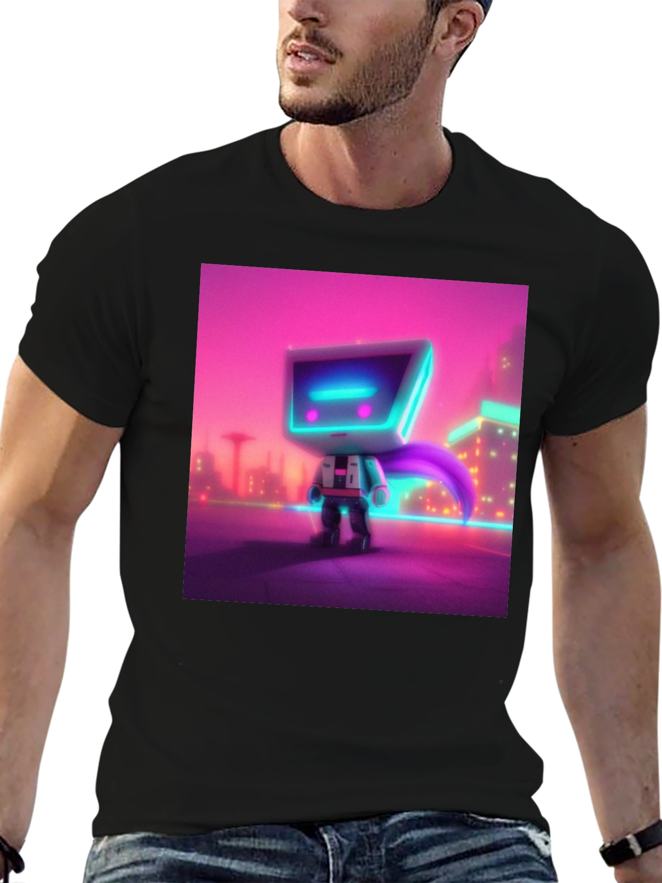 Black Cyberpunk Robot T-Shirt - Neon City Hero view 6
