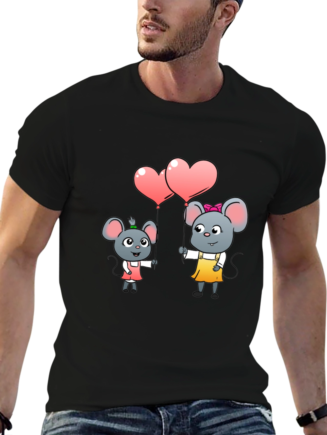 Black Cute Cartoon Mice Heart Balloons Graphic Tee view 6