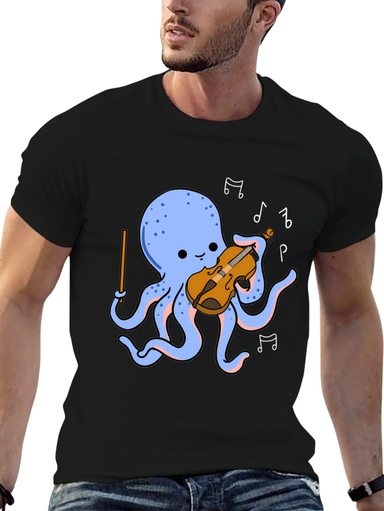 Black Octopus Musician T-Shirt - Cute Cartoon Violin Player Tee view 6