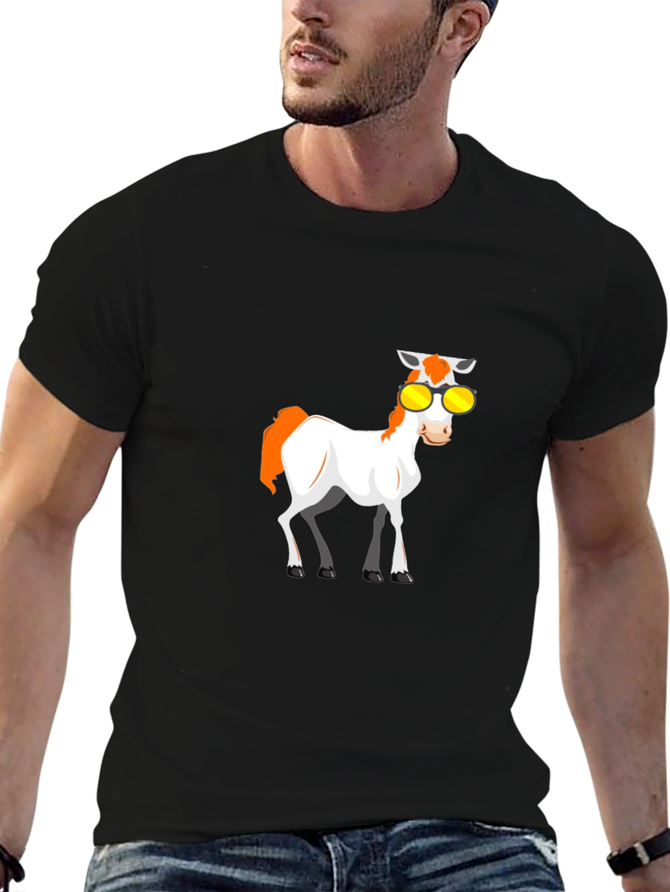 Black Cool Cartoon Horse Graphic Tee view 6