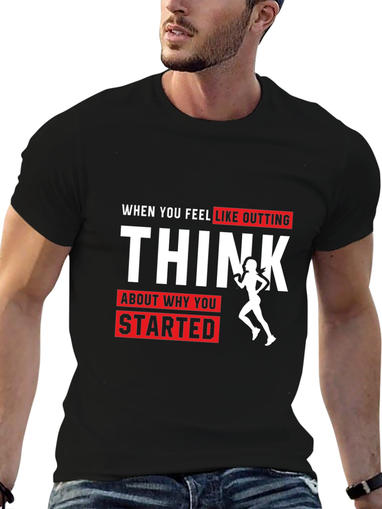 Black Motivational Running T-Shirt: Think Why You Started view 6