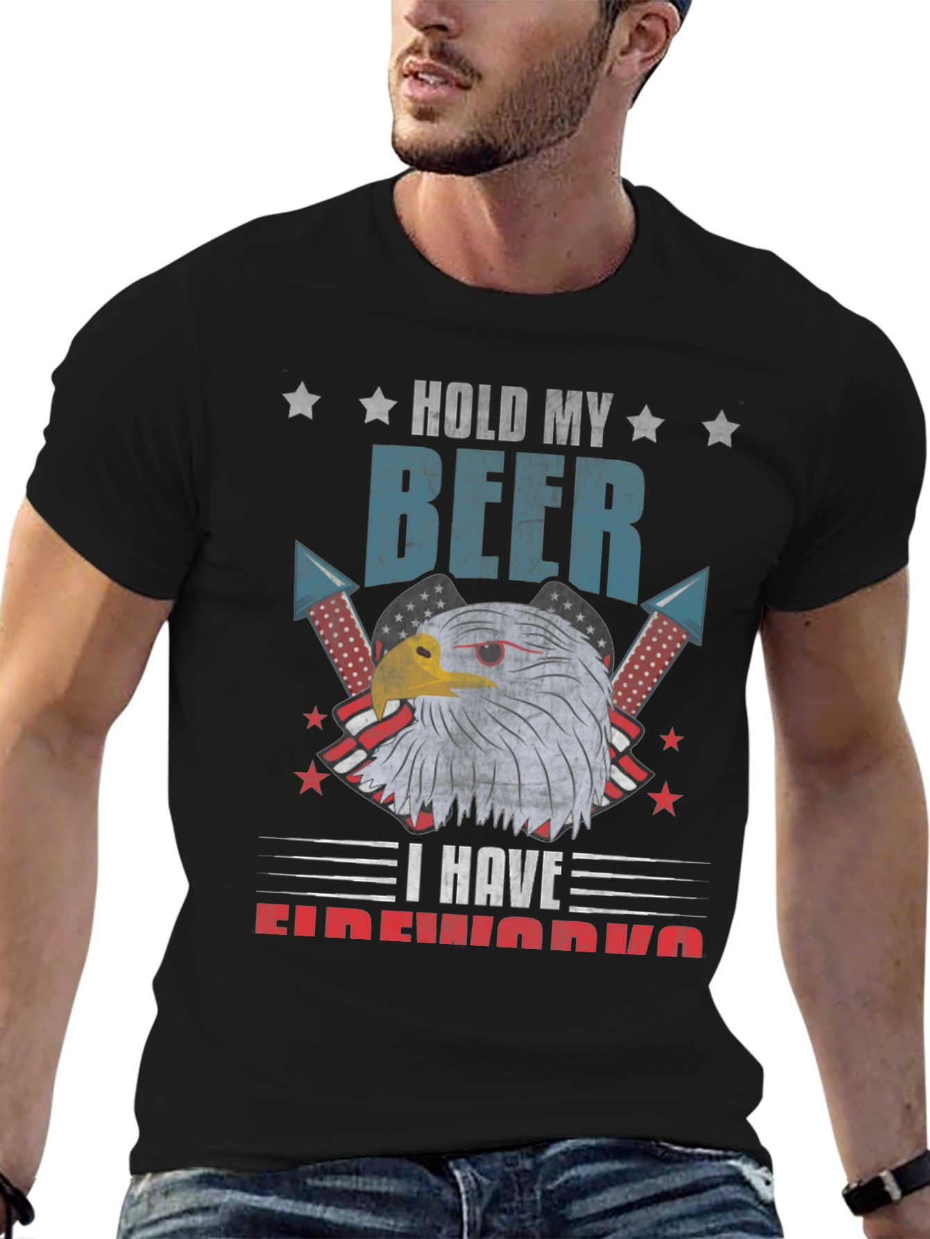 Black Hold My Beer Fireworks Patriotic Eagle T-Shirt view 6