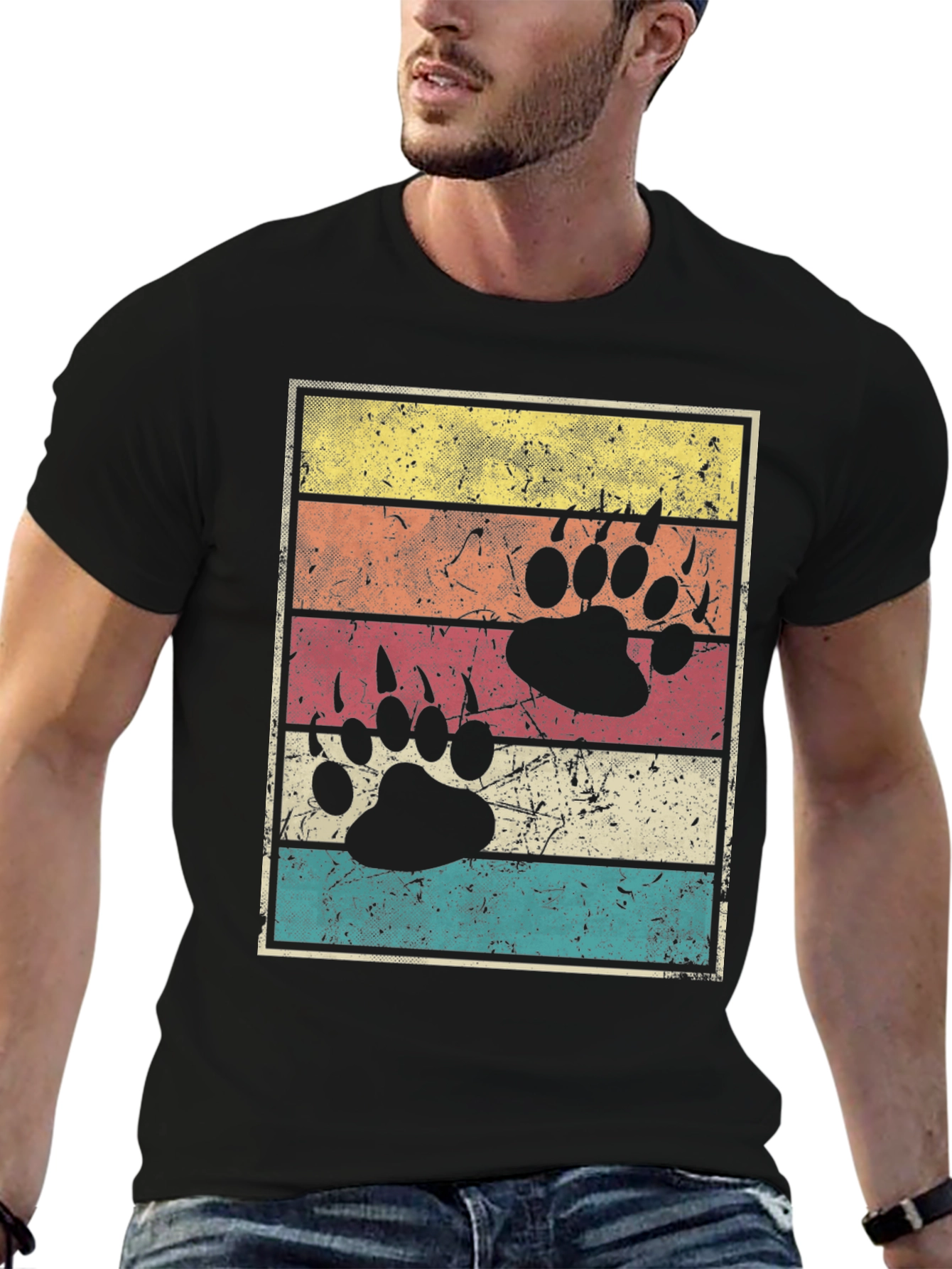 Black Retro Bear Paw Print T-Shirt view 6