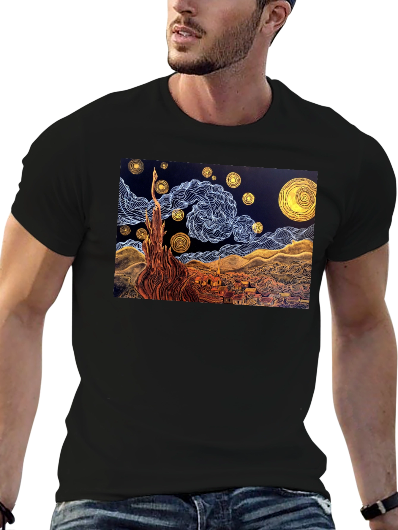 Black Starry Night Art T-Shirt view 6