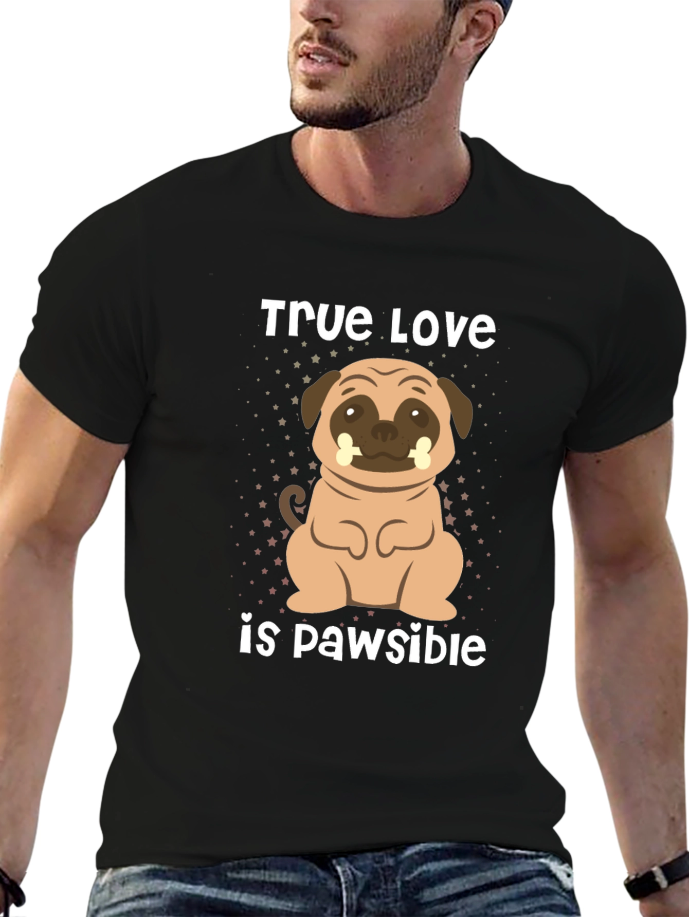 Black True Love is Pawsible Pug T-Shirt view 6