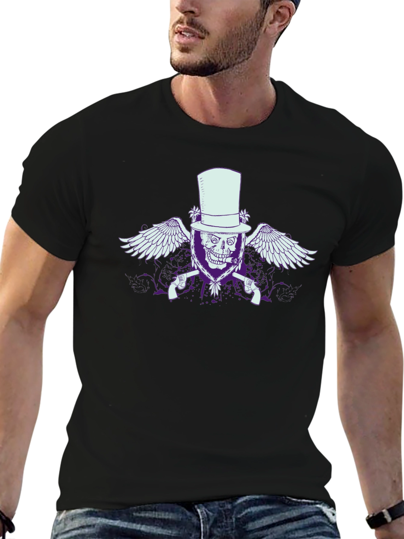 Black Skull Top Hat Wings & Guns Graphic Tee - Black view 6