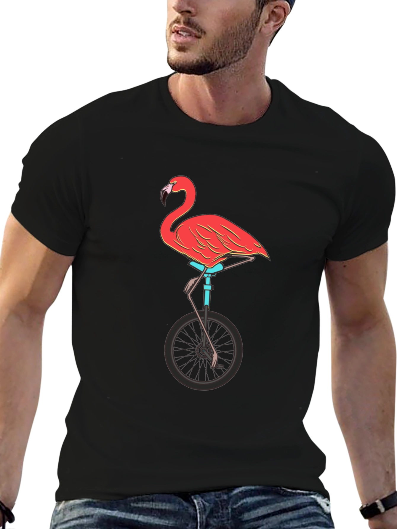 Black Flamingo on Unicycle Graphic Tee - Funky Unisex T-Shirt view 6