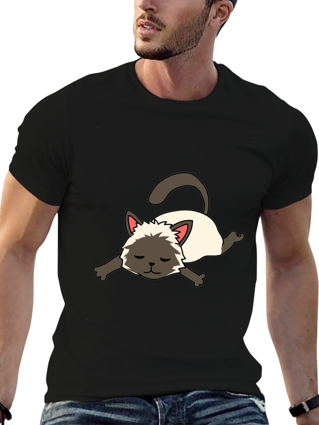 Black Cartoon Siamese Cat Unisex T-Shirt view 6