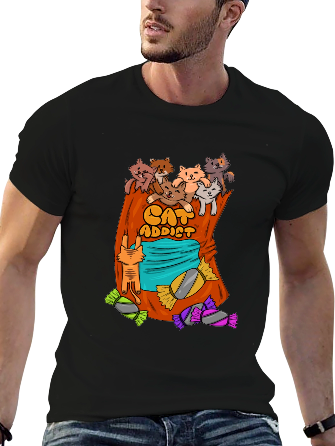 Black Cat Addict T-Shirt - Cartoon Cats & Candy! view 6