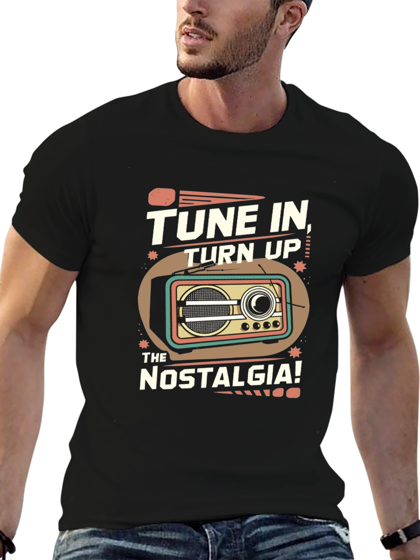 Black Tune In Nostalgia Retro Radio T-Shirt view 6