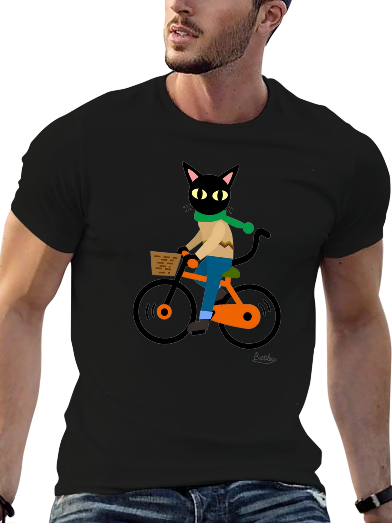 Black Cool Cat on Bike Graphic Tee - Black Cotton T-Shirt view 6