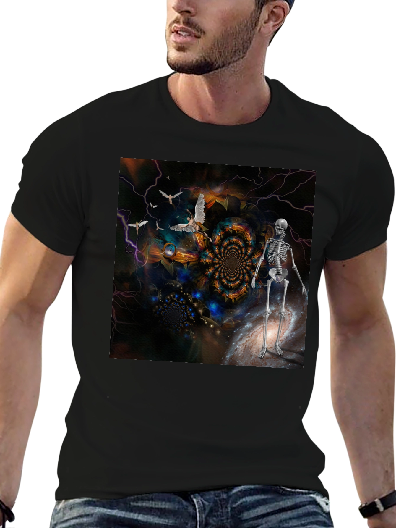 Black Surreal Skeleton Art T-Shirt view 6