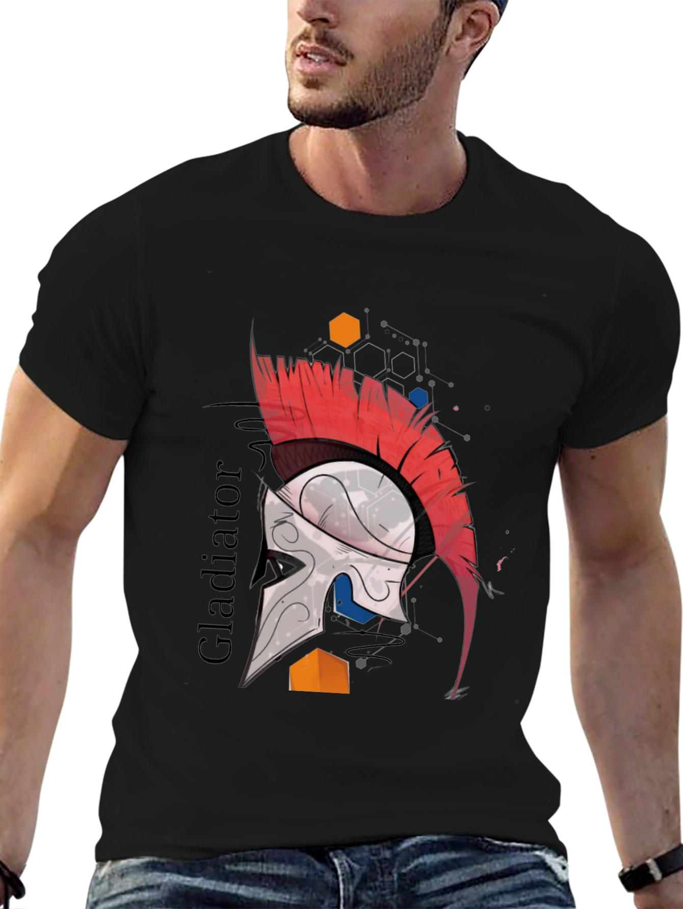 Black Gladiator Helmet Graphic Tee - Cool Warrior Design view 6