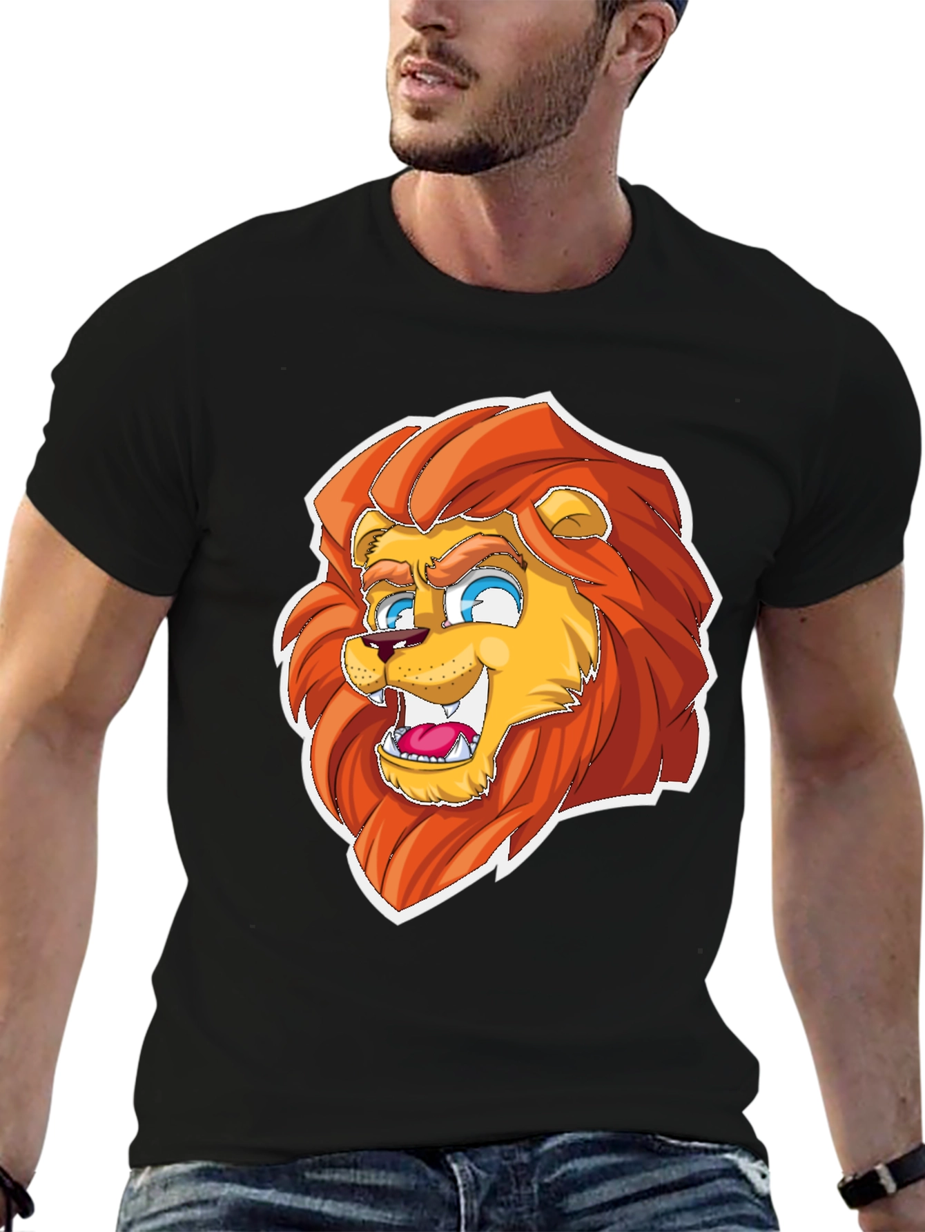 Black Cartoon Lion Graphic Tee - Black Cotton Blend view 6