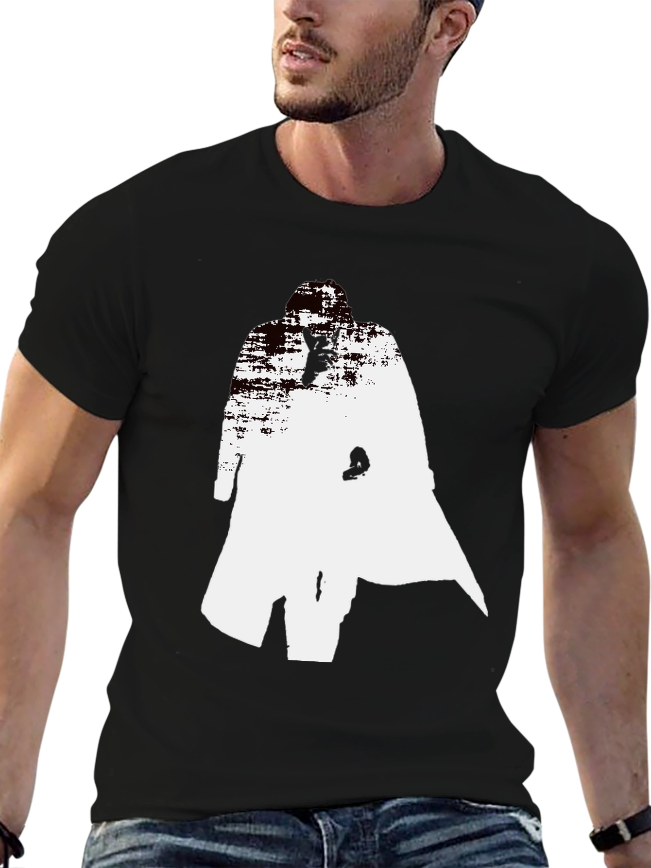 Black Abstract Trench Coat Graphic Tee - Stylish Black T-Shirt view 6