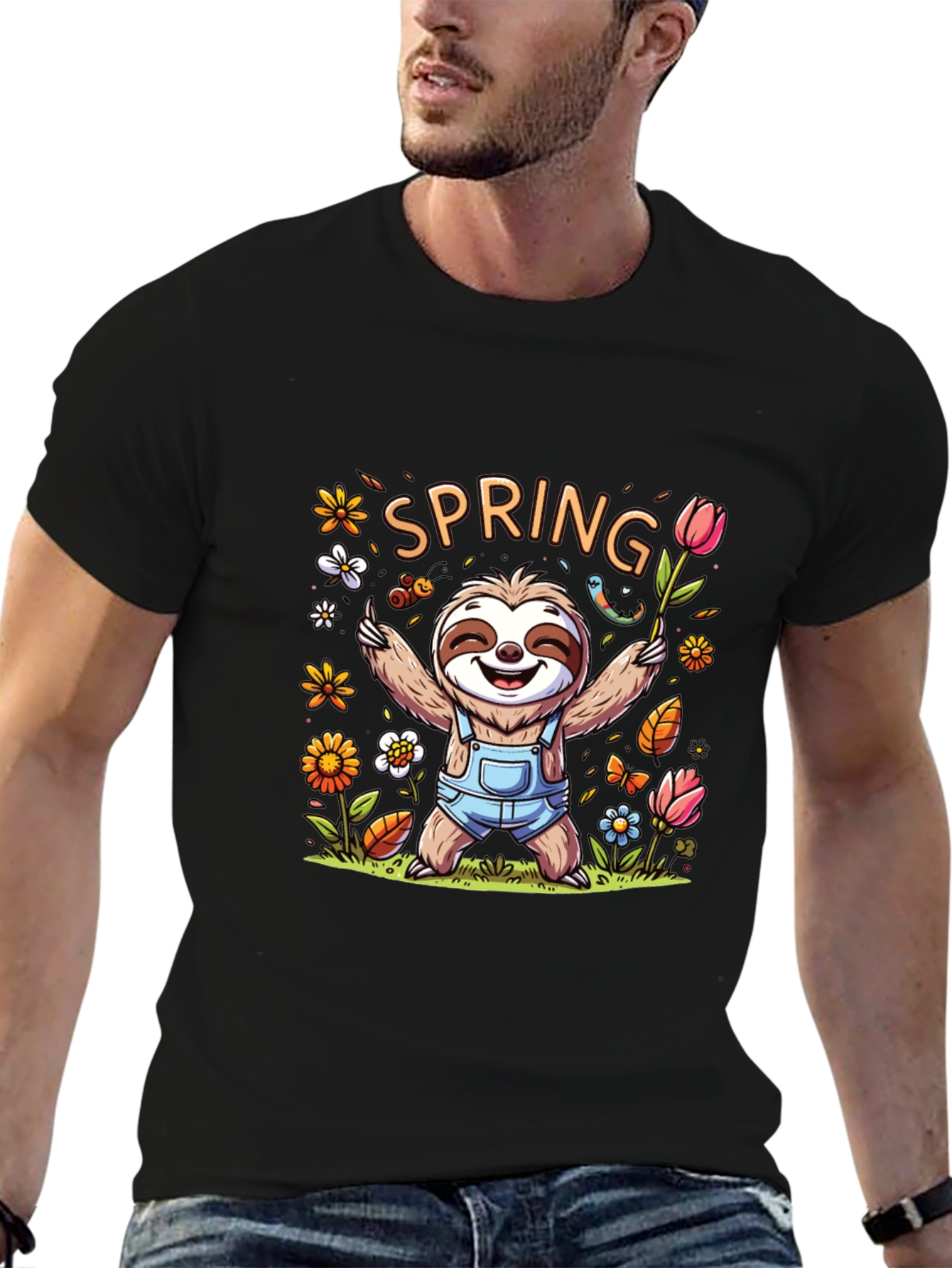 Black Spring Sloth Graphic Tee - Unisex Black T-Shirt view 6