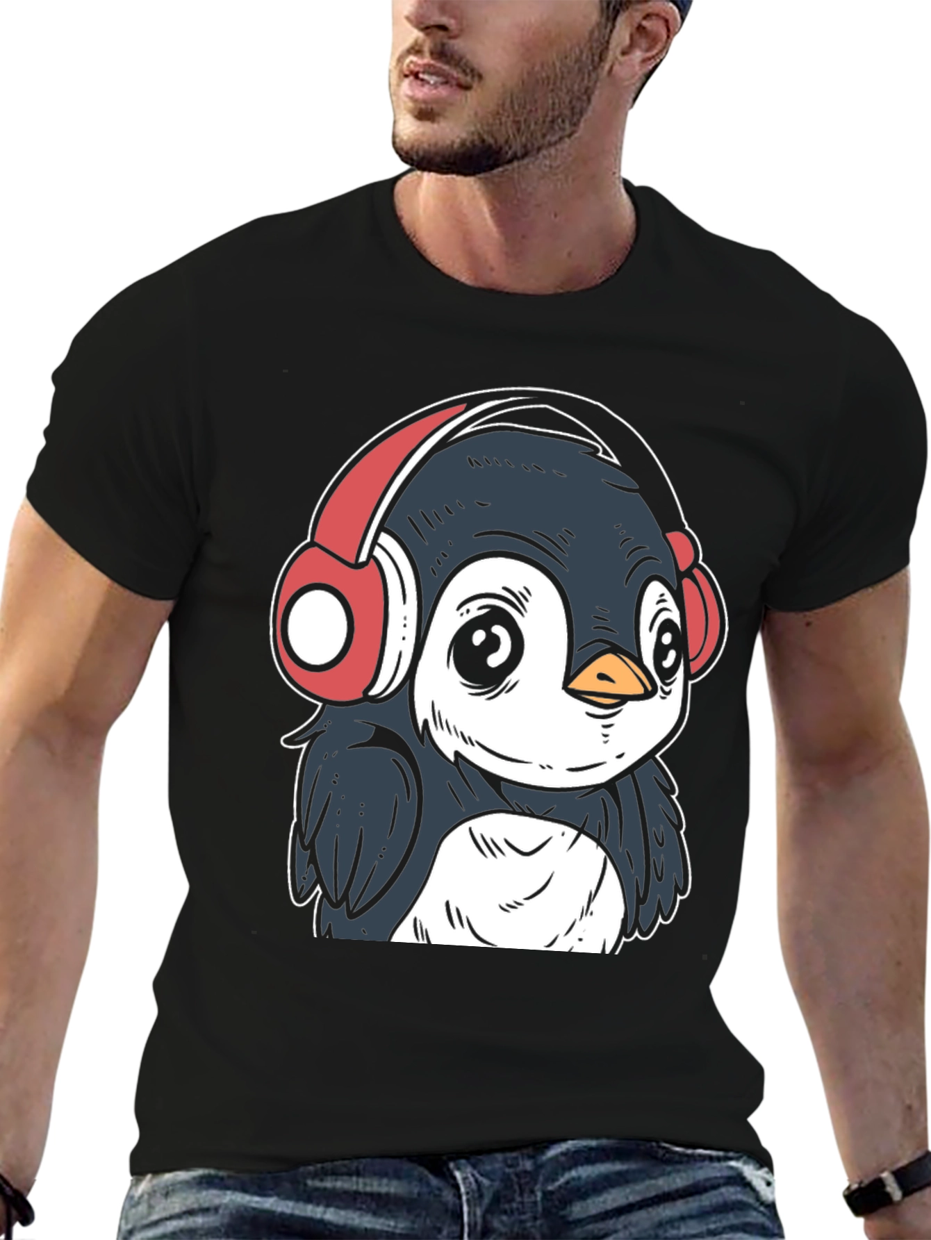 Black Penguin Headphones Graphic Tee - Cool Black T-Shirt view 6