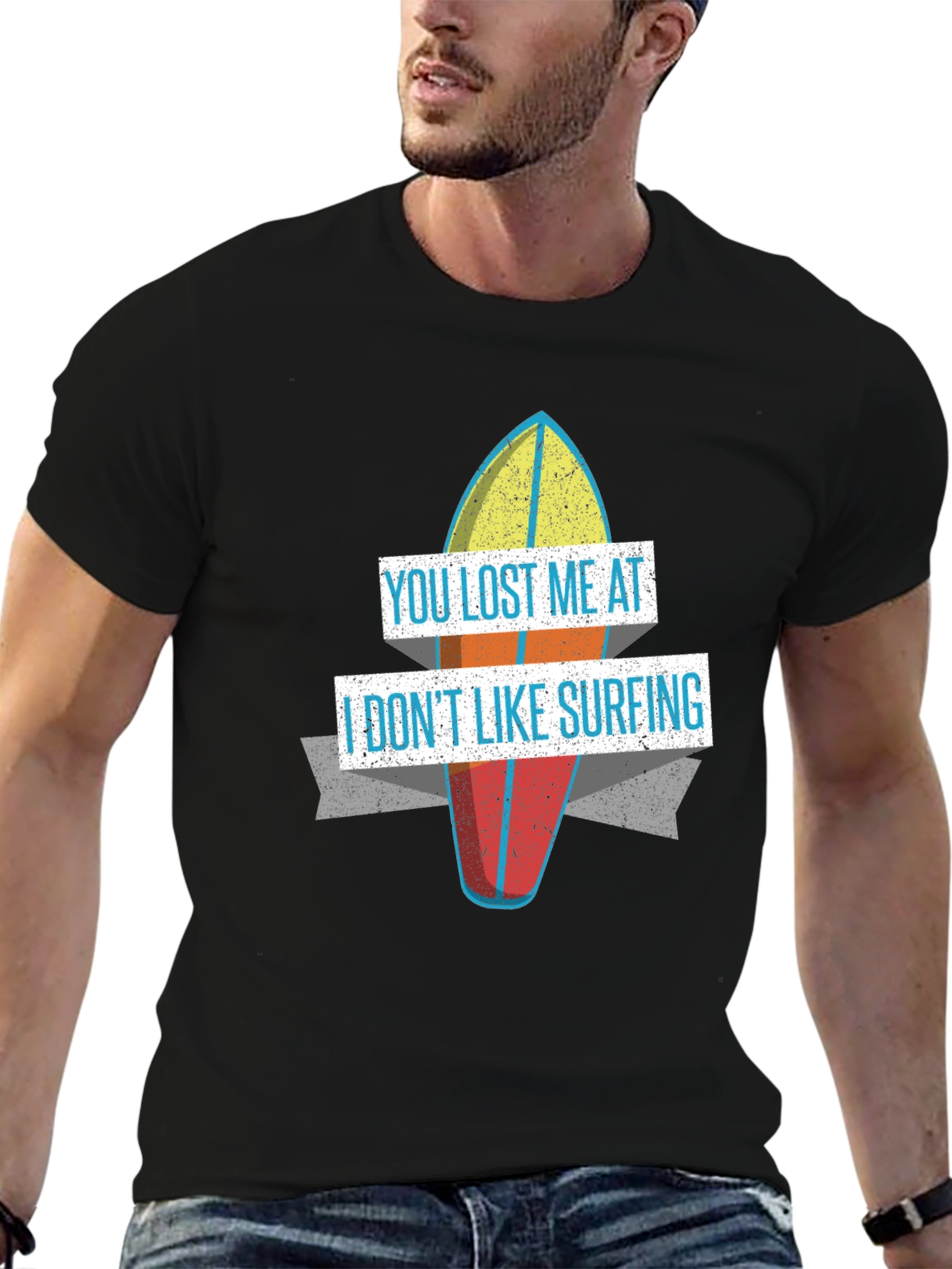 Black Funny "You Lost Me at Surfing" Graphic T-Shirt view 6