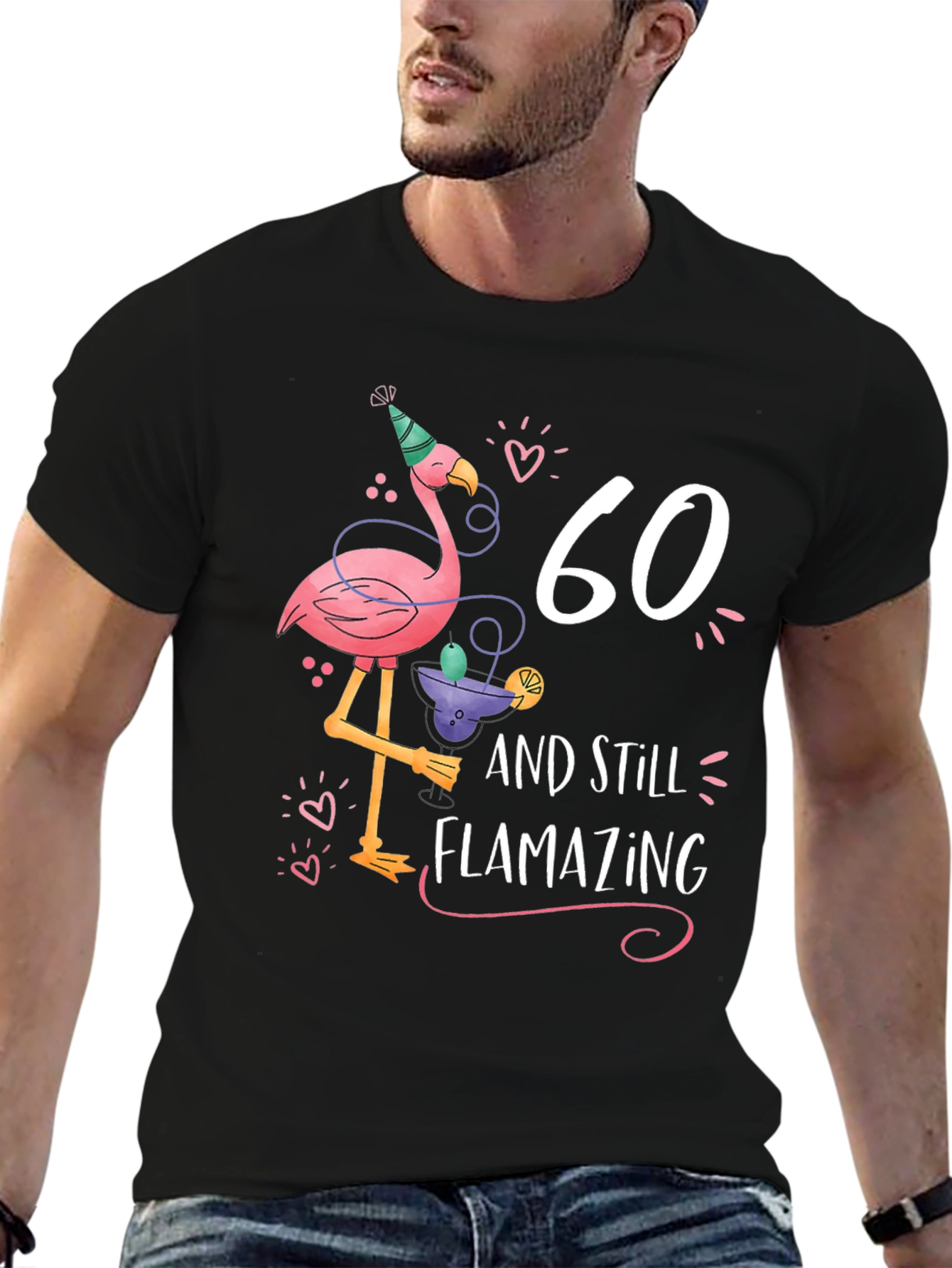 Black 60th Birthday Flamingo T-Shirt - Flamazing Gift Idea view 6