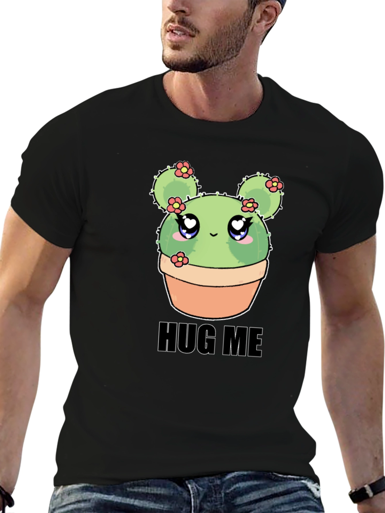 Black Cute Cactus Hug Me T-Shirt - Kawaii Plant Tee view 6