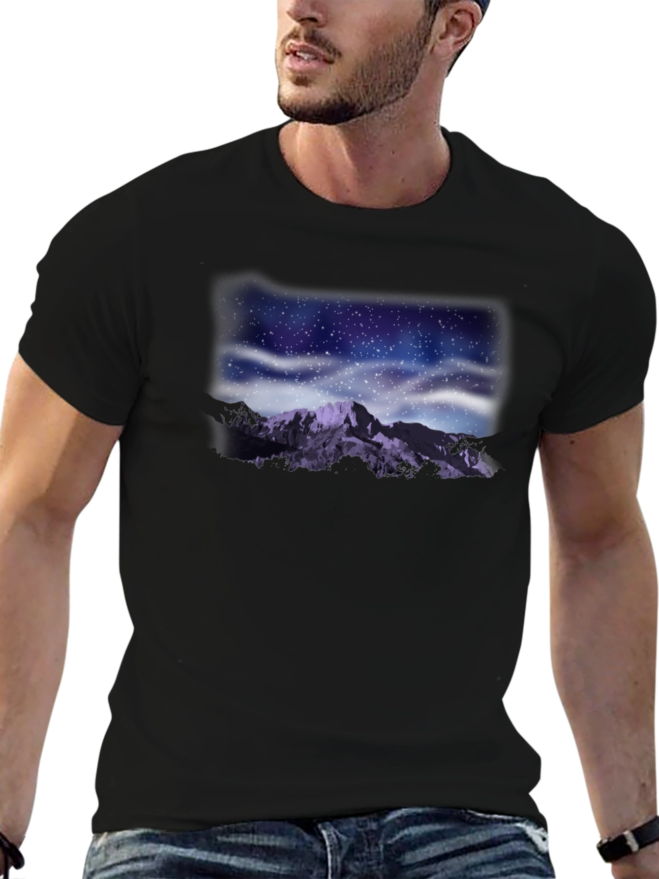 Black Night Sky Mountain Graphic Tee - Black view 6