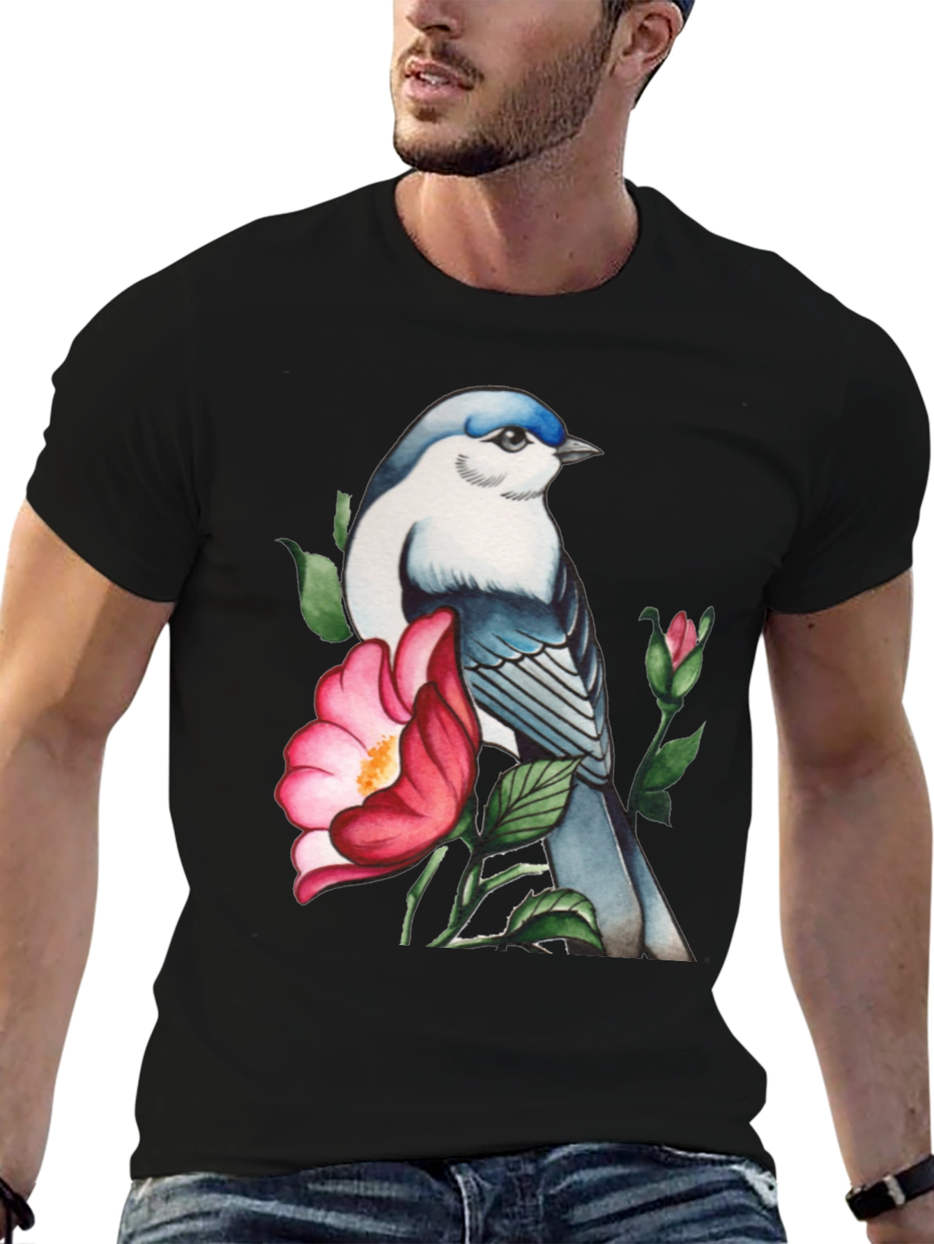 Black Bird and Blossom Graphic Tee - Stylish Nature Design view 6