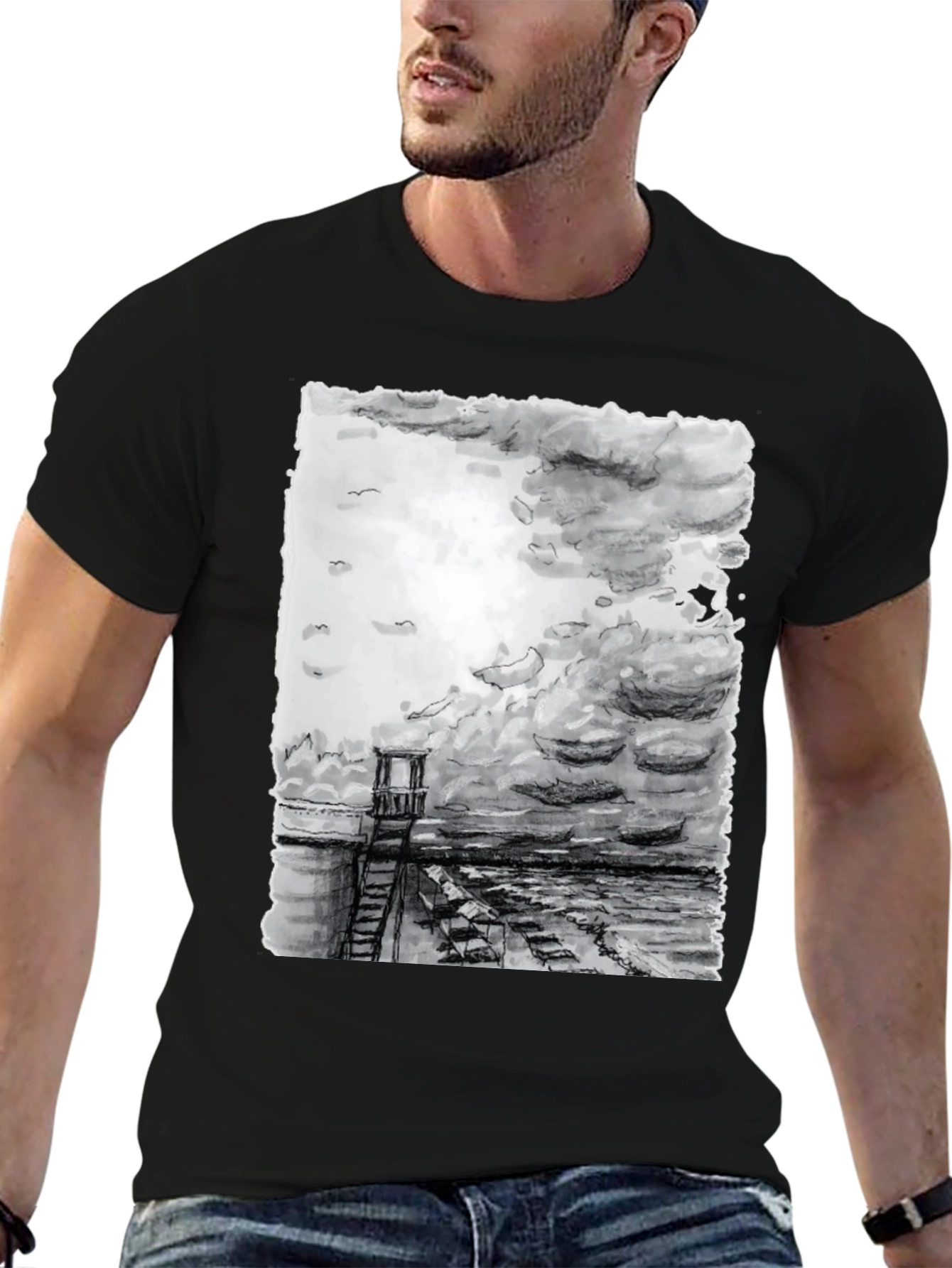 Black Monochrome Coastal Tower Graphic T-Shirt view 6