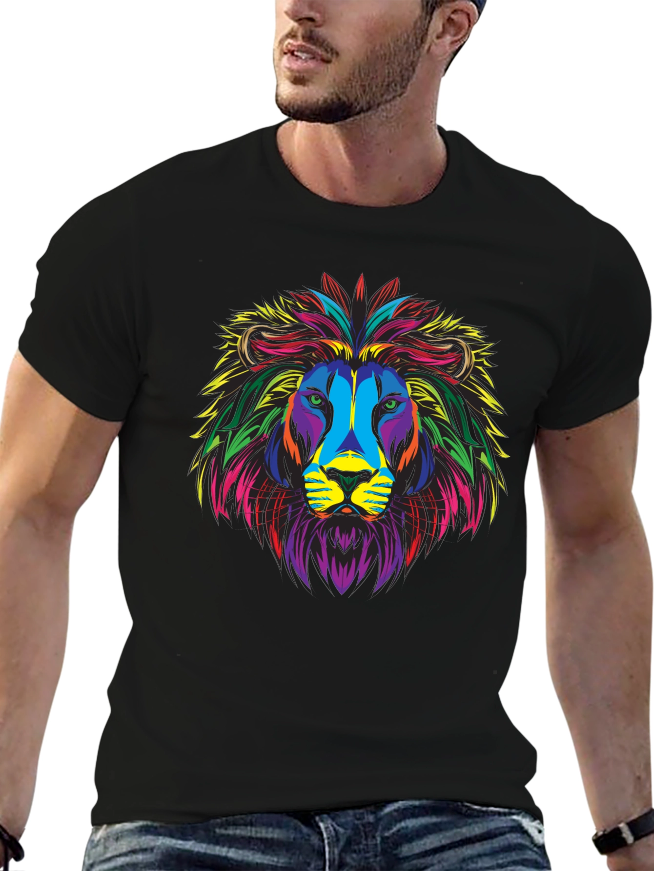 Black Colorful Lion Graphic Print Black T-Shirt view 6