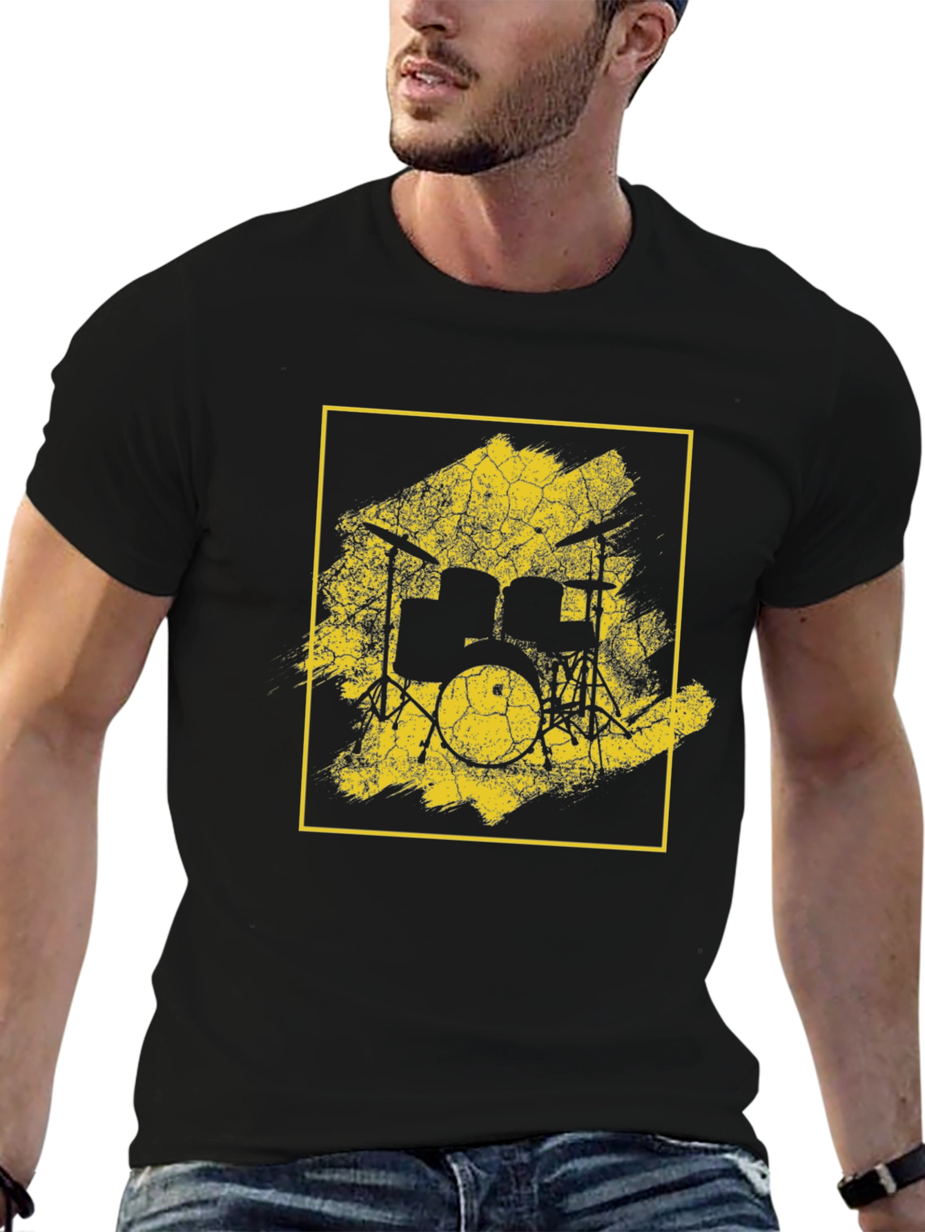 Black Vintage Drum Kit Graphic Tee - Black Cotton Blend view 6