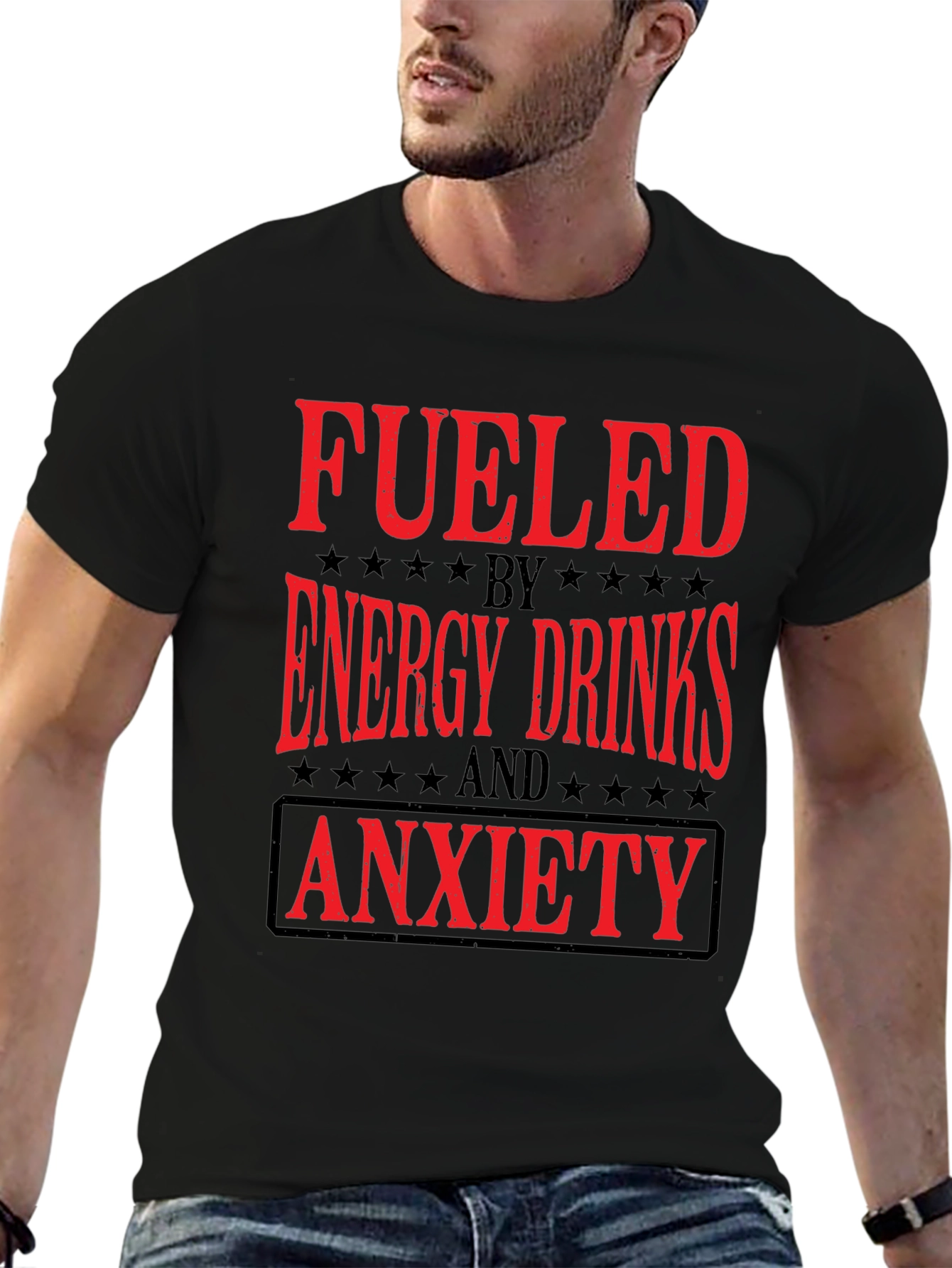 Black Fueled by Energy Drinks and Anxiety T-Shirt view 6