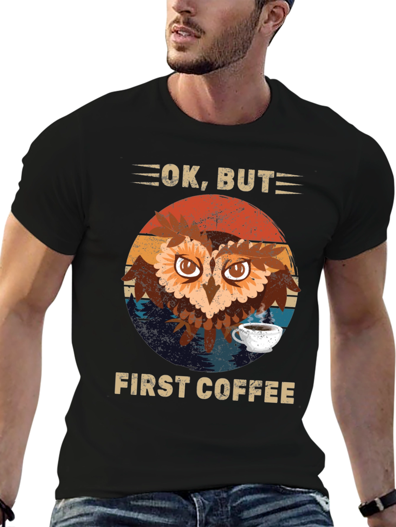 Black Ok, But First Coffee Owl T-Shirt view 6