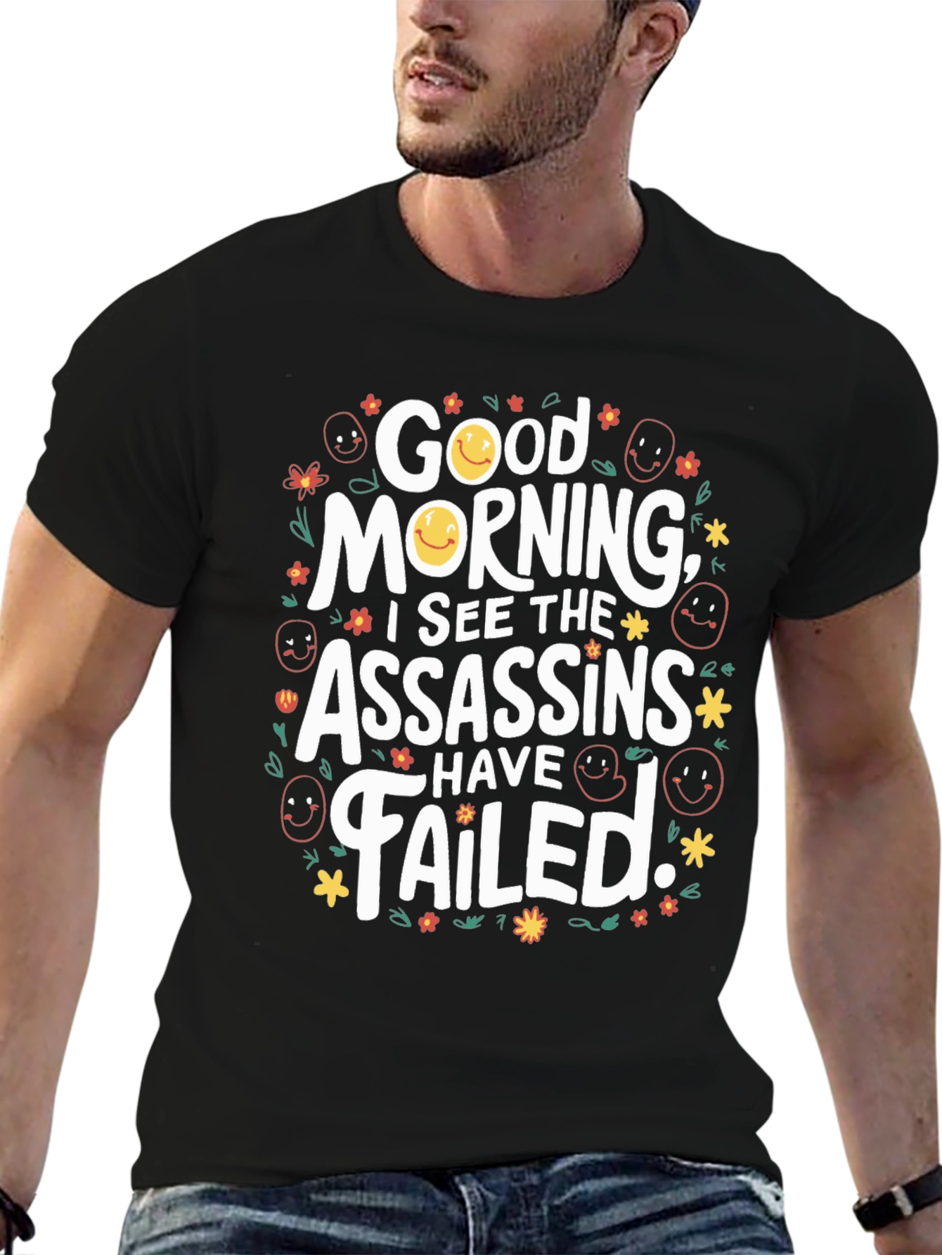 Black Funny Good Morning Assassins Failed Graphic T-Shirt view 6