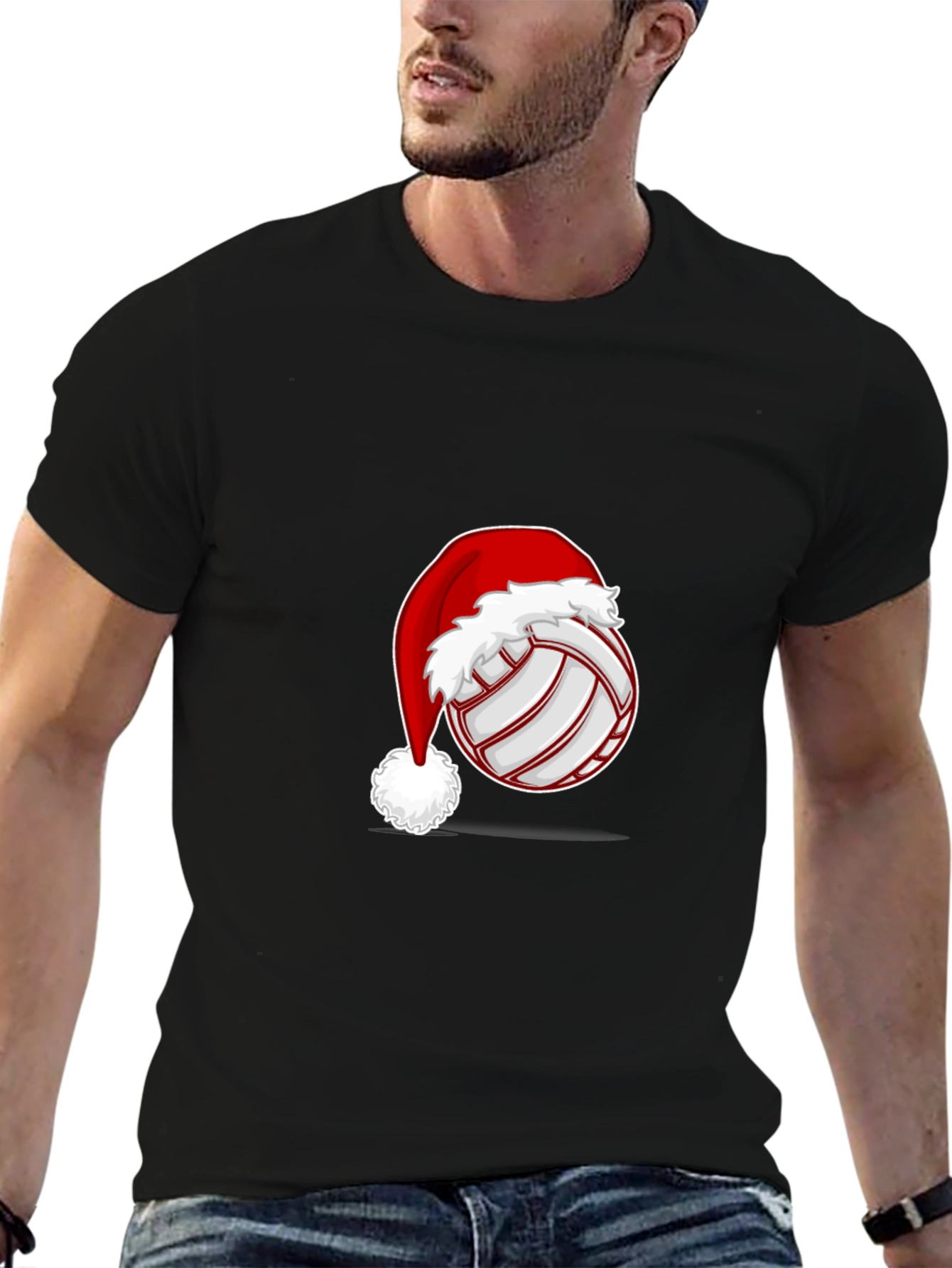 Black Volleyball Santa Hat Graphic Tee view 6
