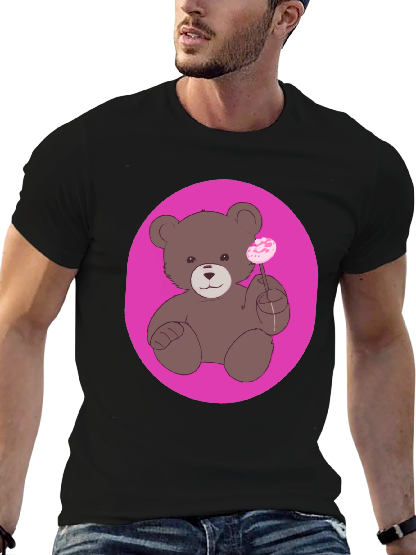 Black Cute Teddy Bear Lollipop Graphic Tee - Unisex view 6